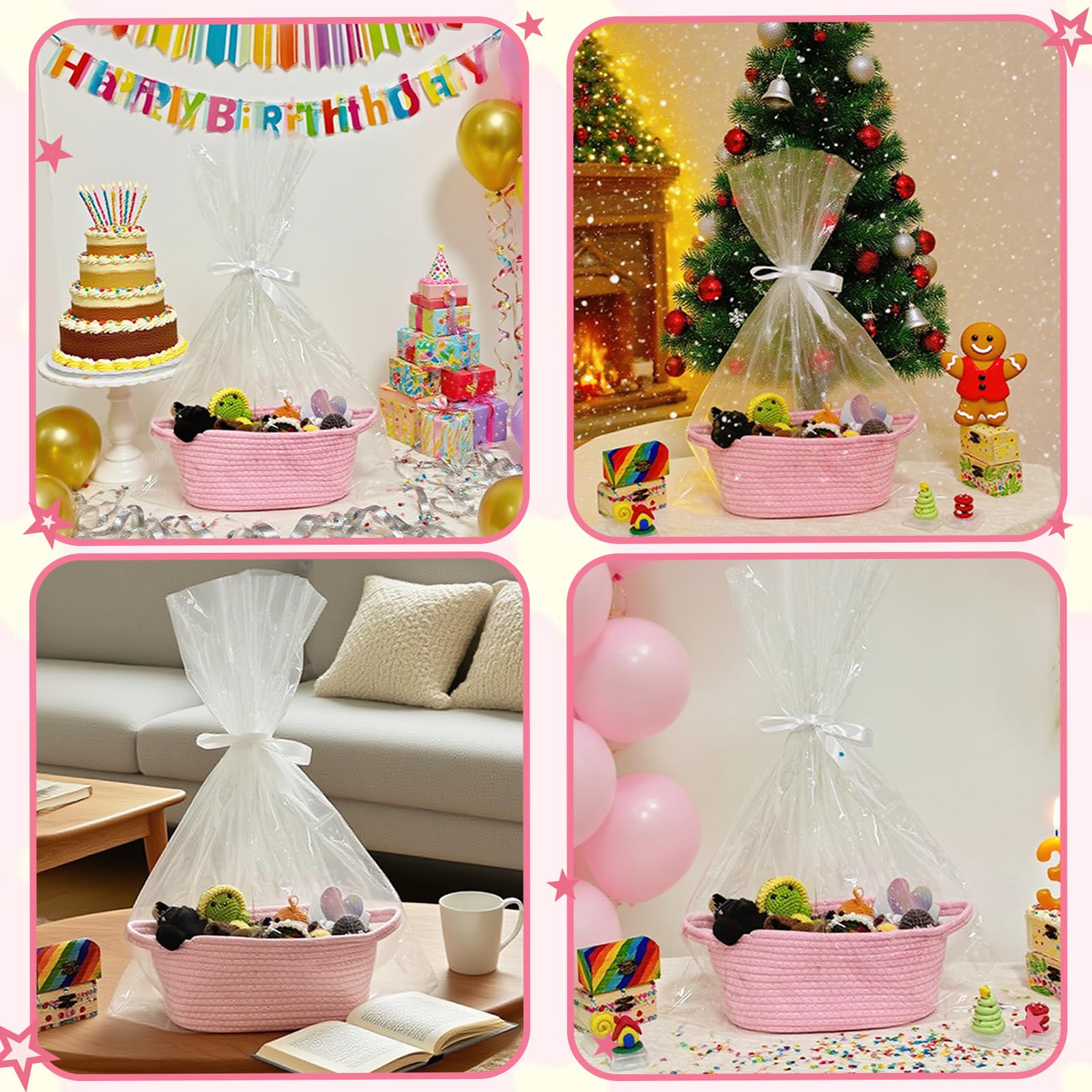 Panier Cadeau, Lot de 1 Paniers Cadeaux, 30 x 20 x 12 cm Panier Cadeau Vide, Vide à Garnir, Tressé Avec Sacs Cadeaux et Rubans, pour Diverses Fêtes, Vacances, Mariage, Cadeau de Fête (Rose)