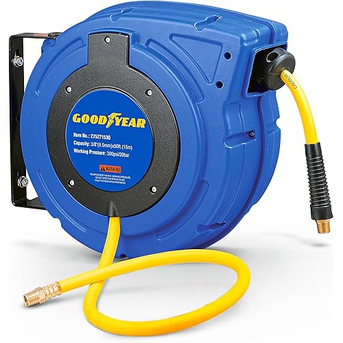 Goodyear Air Hose Reel Retractable 3/8" Inch x 50' Foot Hybrid Polymer Hose Max 300PSI Commerical Polypropylene Construction