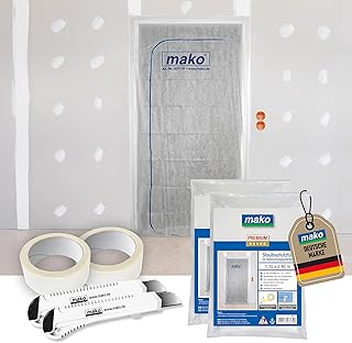 2x mako Vlies-Staubschutztüre Profi-Qualität 1,10 m x 2,40 m – inkl. 7 m Klebeband (beidseitig) & 2 Cuttermesser, Staubdichtes Polypropylen-Vlies mit Reißverschluss, einfache Montage und zuschneidbar