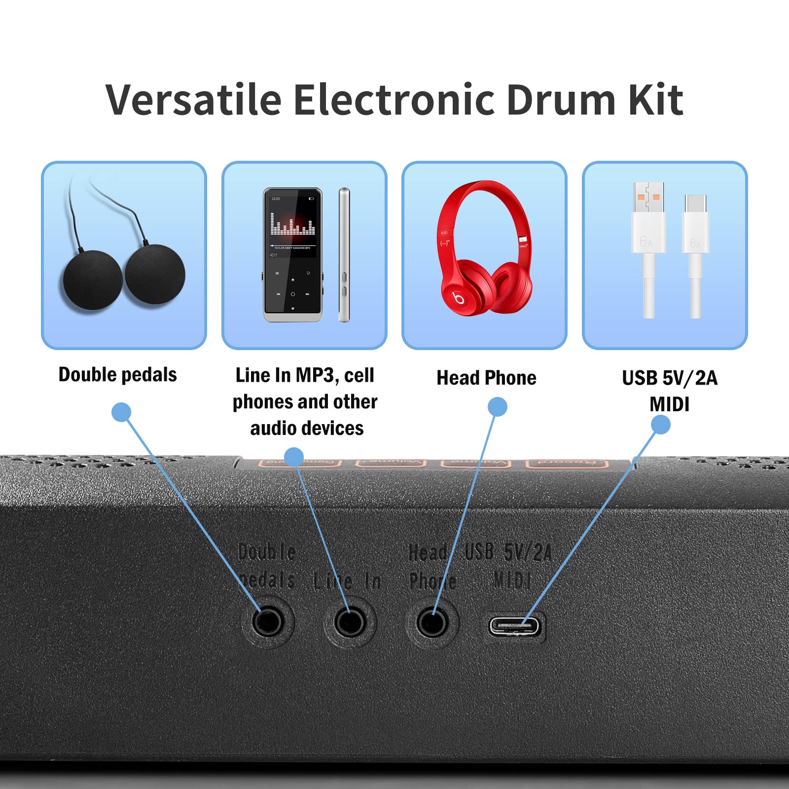 9 Pads Schlagzeug Elektronisch, E-Drum Set mit LED-leuchtende Trommelstöcke, Elektronisches Schlagzeug mit Trommelständer, Eingebauter Stereo-Lautsprecher mit 2 Fußpedale
