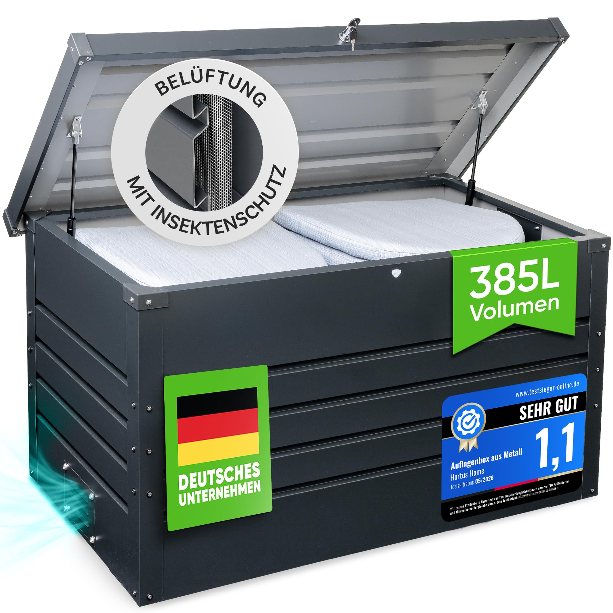 Auflagenbox [Wasserdicht] 385L Metall Gartenbox Kissenbox Outdoor Belüftet für Terrasse Garten Balkon Polsteraufbewahrung Wetterfest Abschließbar XXL Gartentruhe