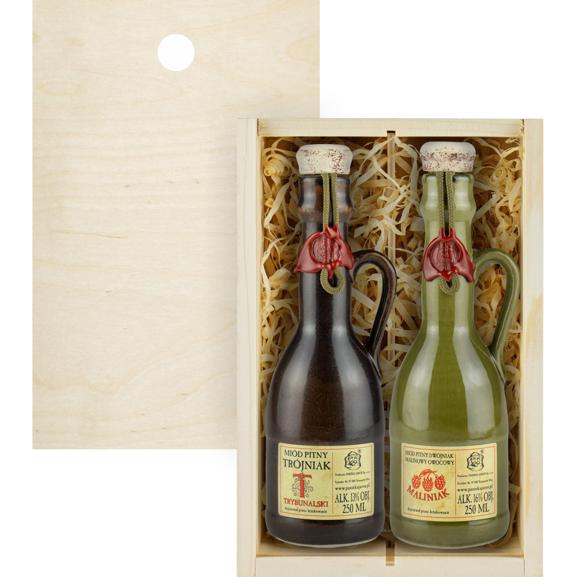 Set mit 2 Jaros Mets (Honigwein Dwójniak Maliniak-Halber Himbeere/Trybunalski Trójniak-Einhalber) Geschenkset in einer leichten Holzbox | 500ml | 13-16% Alkohol Metwein | Polnische Produktion