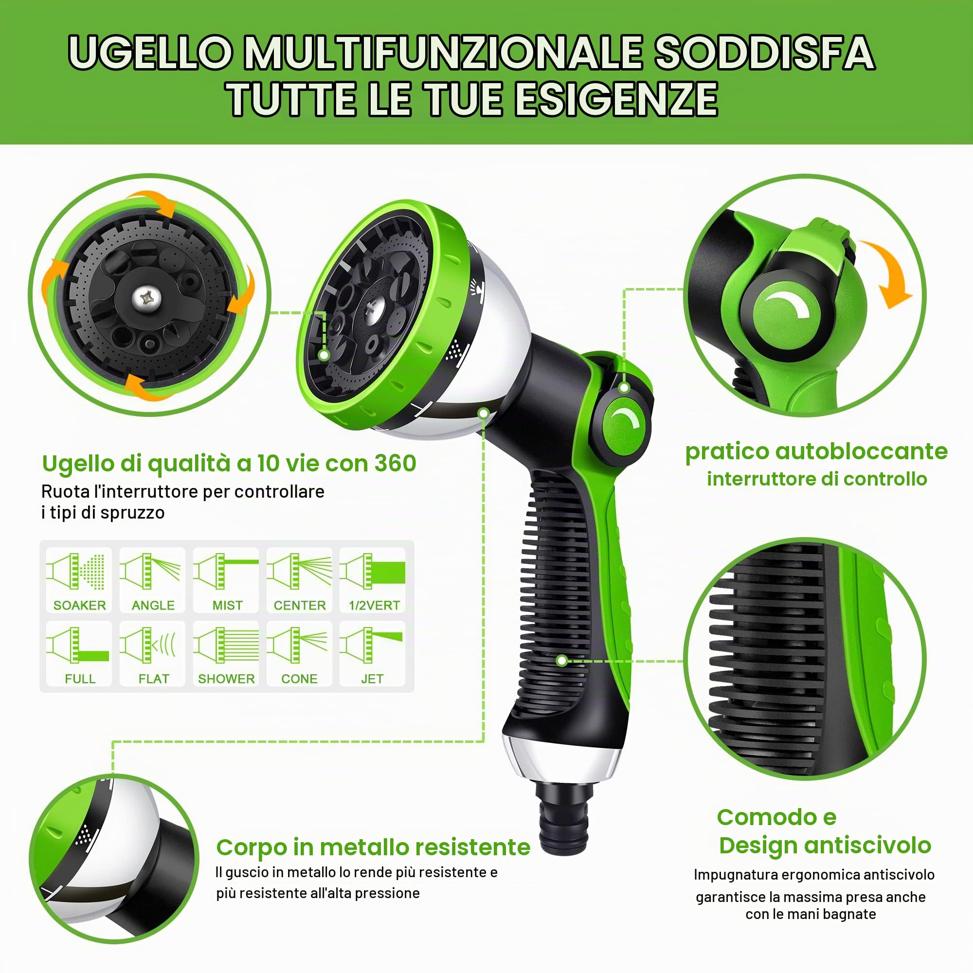 tubo da giardino, tubo estensibile da giardino con 10 ugelli di spruzzo, connettore in ottone, tessuto di 3750D, tubo acqua giardino con anima in lattice a 4 strati-15m/50ft