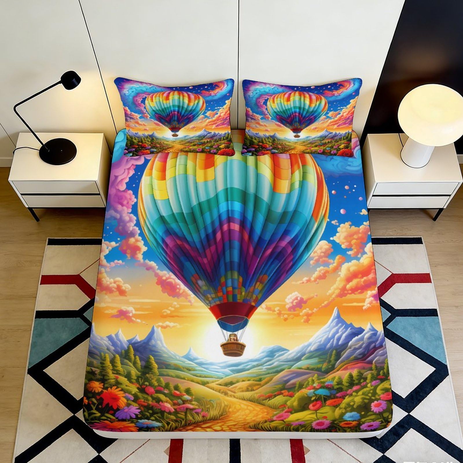 3D Printed Hot Air Balloon Fitted Sheet Microfiber Soft Breathable Colorful Landscape Bed Cover for Bedroom Dormitory Guest Room Mattress Protection 200x200x25cm