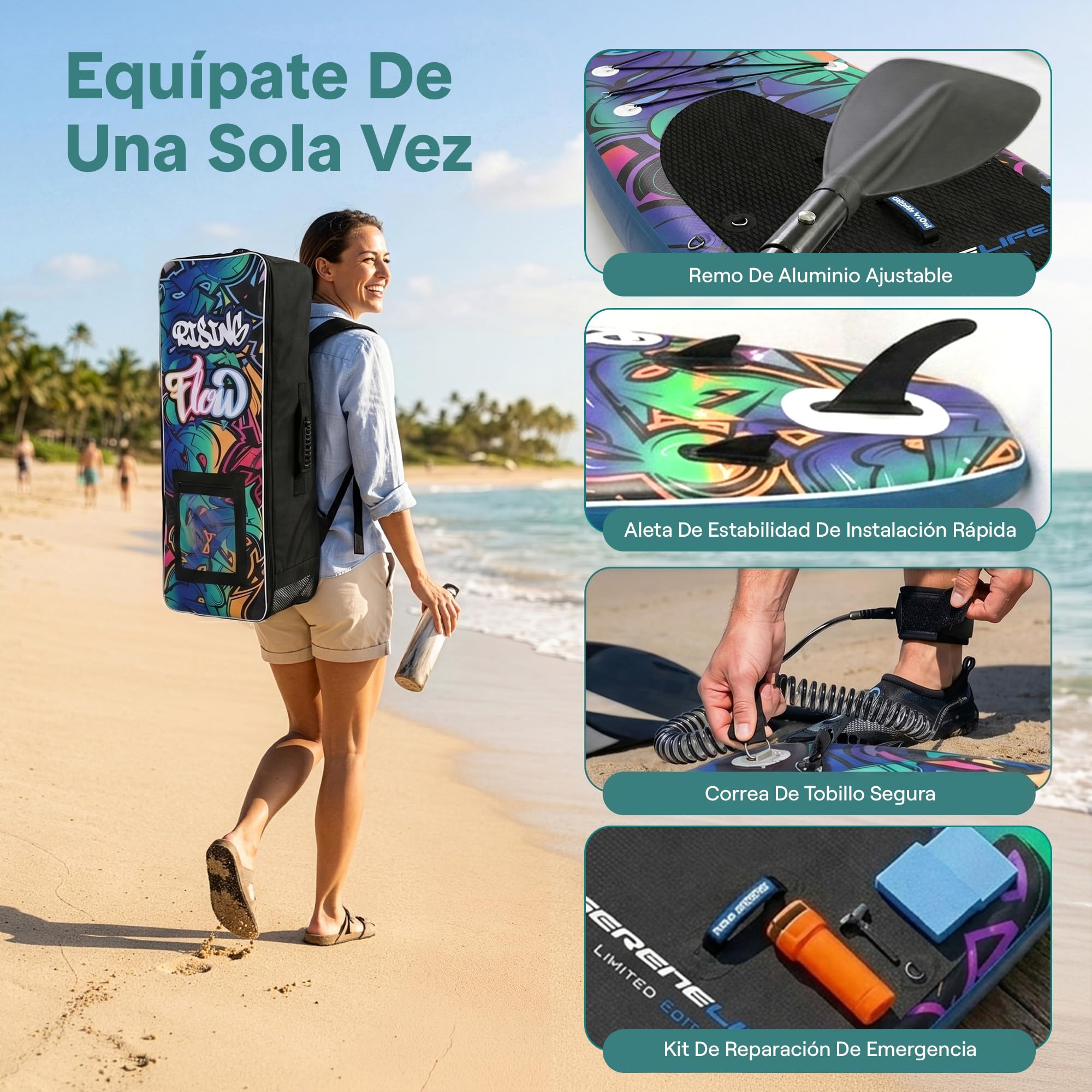 SereneLife tabla paddle surf hinchable, Paddle board, Cubierta antideslizante, Aleta inferior para remar, Estuche para guardar, Barco de pie para jovenes y adultos