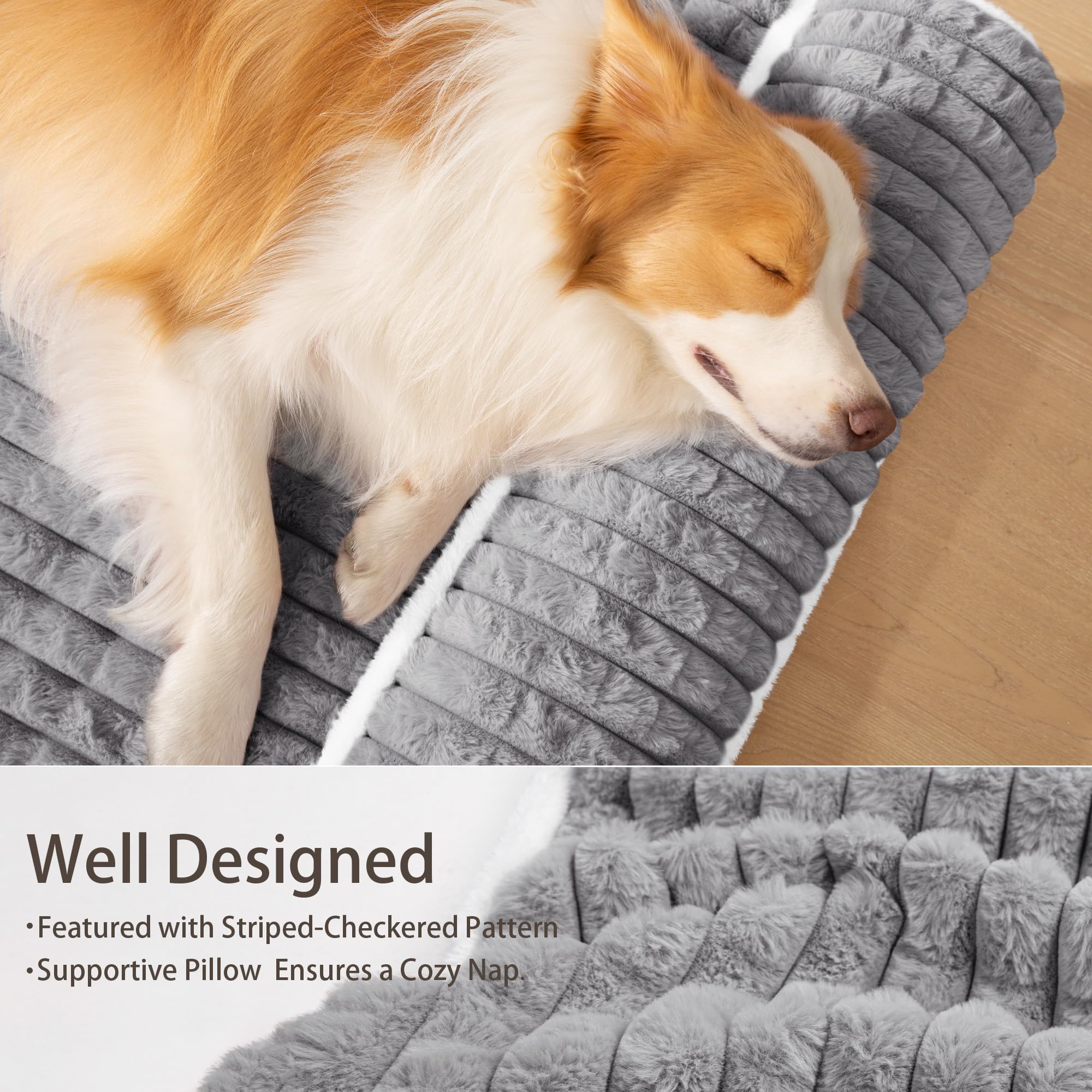 Panier Chien Moyen Orthopédique, Lit Matelas pour Chien avec Oreiller Latéral Moelleux, Coussin Déhoussable Lavable en Machine, Imperméable, Base Antidérapante, 91x61cm, Gris