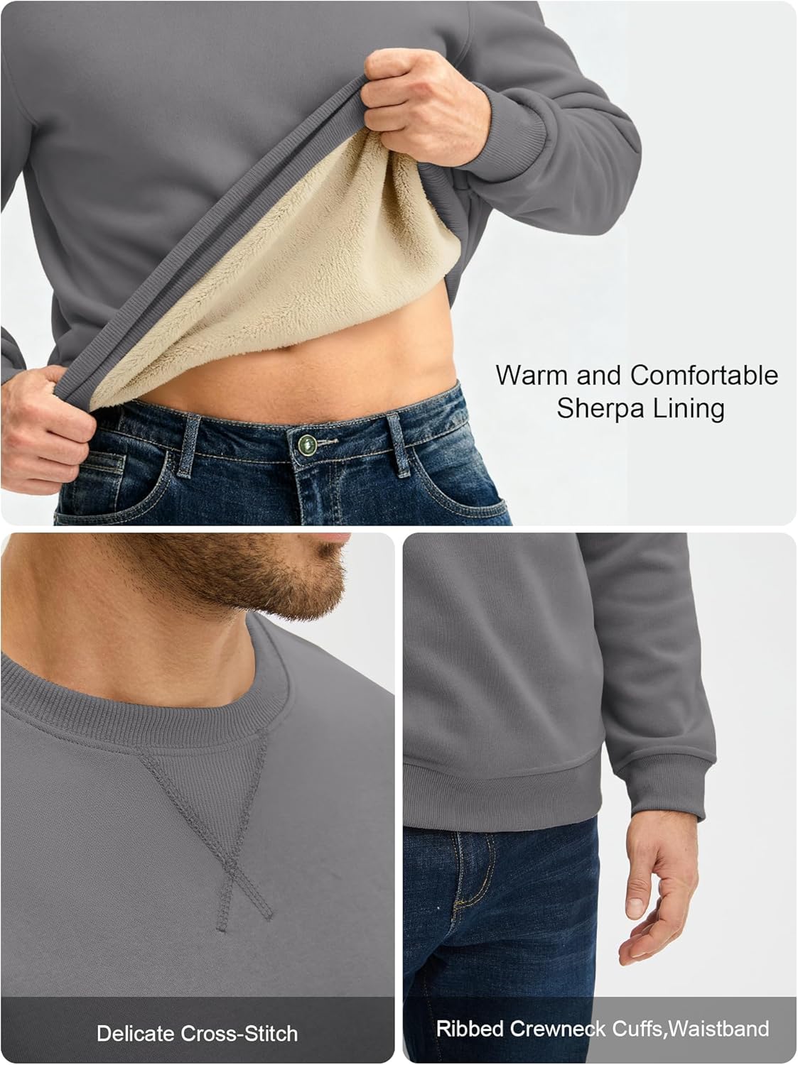 PLEPAN Men's Fleece Lined Crewneck Sweatshirts Fleece Cotton Pullover Casual Basic Thermal Sweater Winter - Image 3