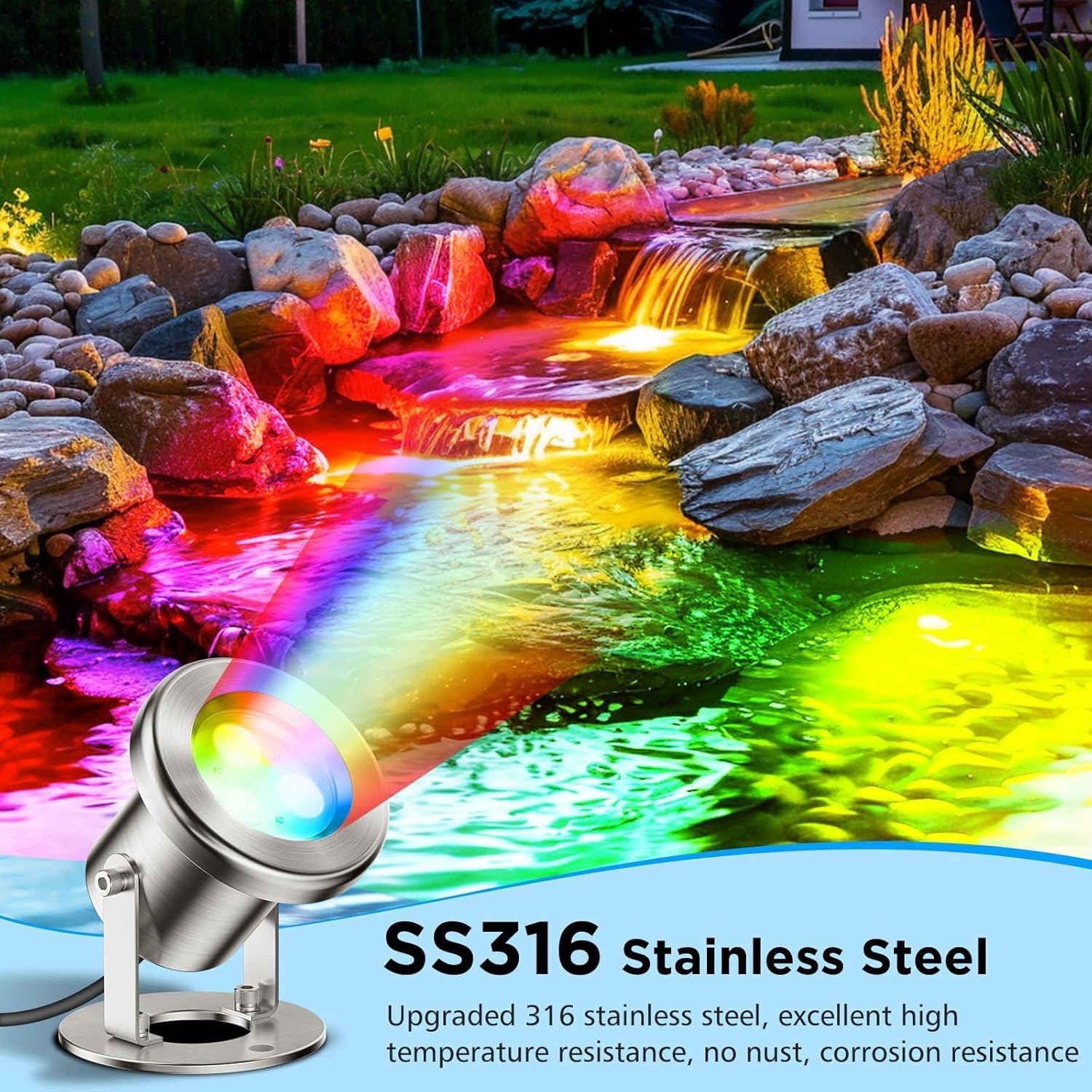 LyLmLe LED Pond Lights with APP Control, 6W SS316 Stainless Steel RGB Underwater Fountain Light with 12V Transformer, IP68 Waterproof Outdoor Underwater Lights for Pond Waterfall, Black Wire(4-Spots)