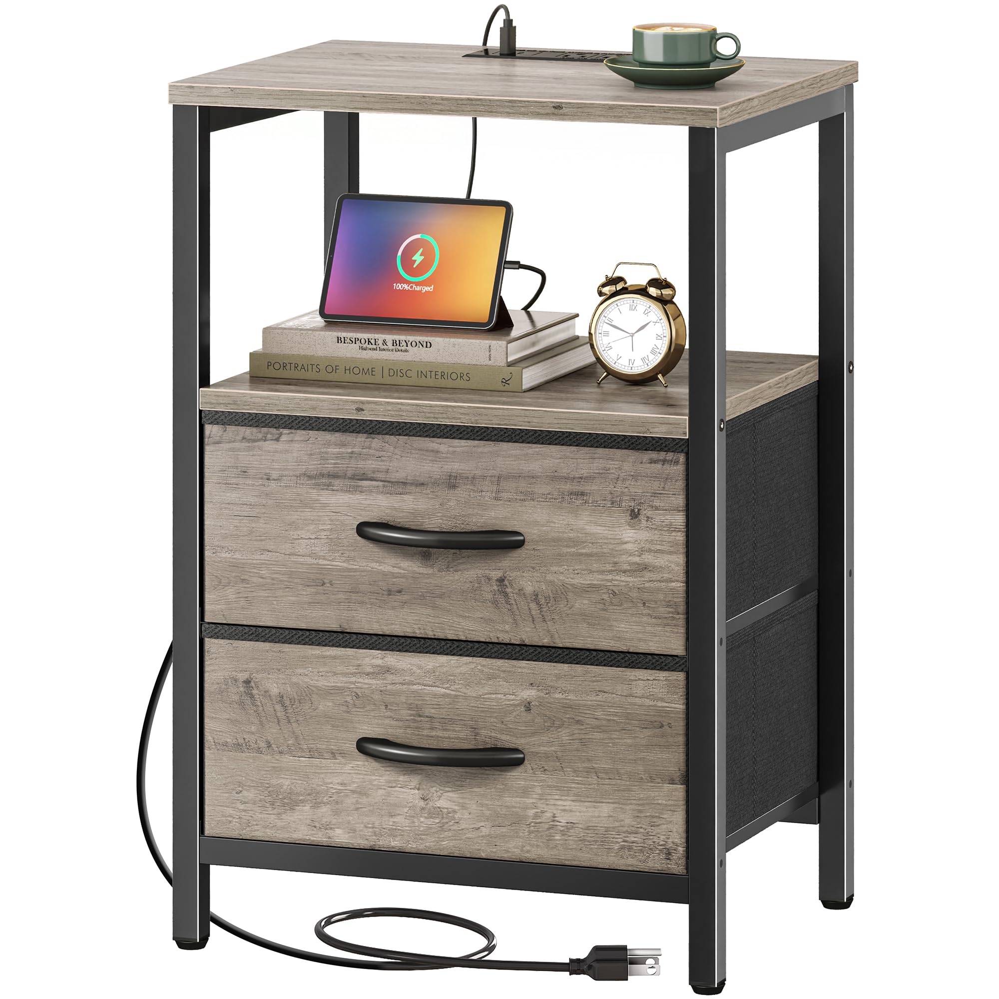 Huuger Nightstand with Charging Station, Fabric Drawers, End Table with Open Shelf, Bedside Table with USB Ports and Outlets, Night Stand for Bedroom, Oak