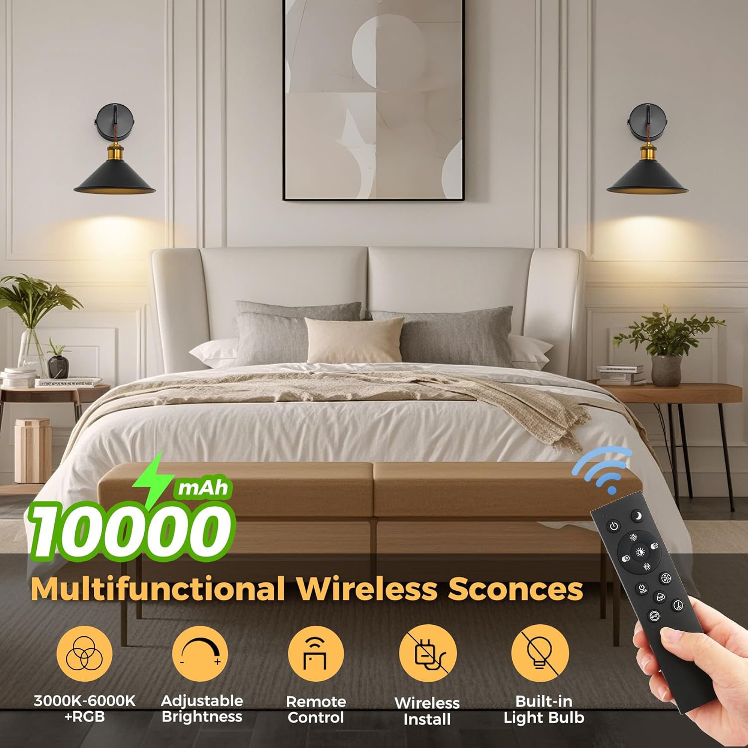 DORESshop Battery Operated Wall Sconce Set of 2, 10000mAh Gold & Black Wireless Rechargeable Wall Lights, Hanging Wire Wall Sconce, 9 Adjustable Sconces Wall Decor for Bedroom Living Room Hallway