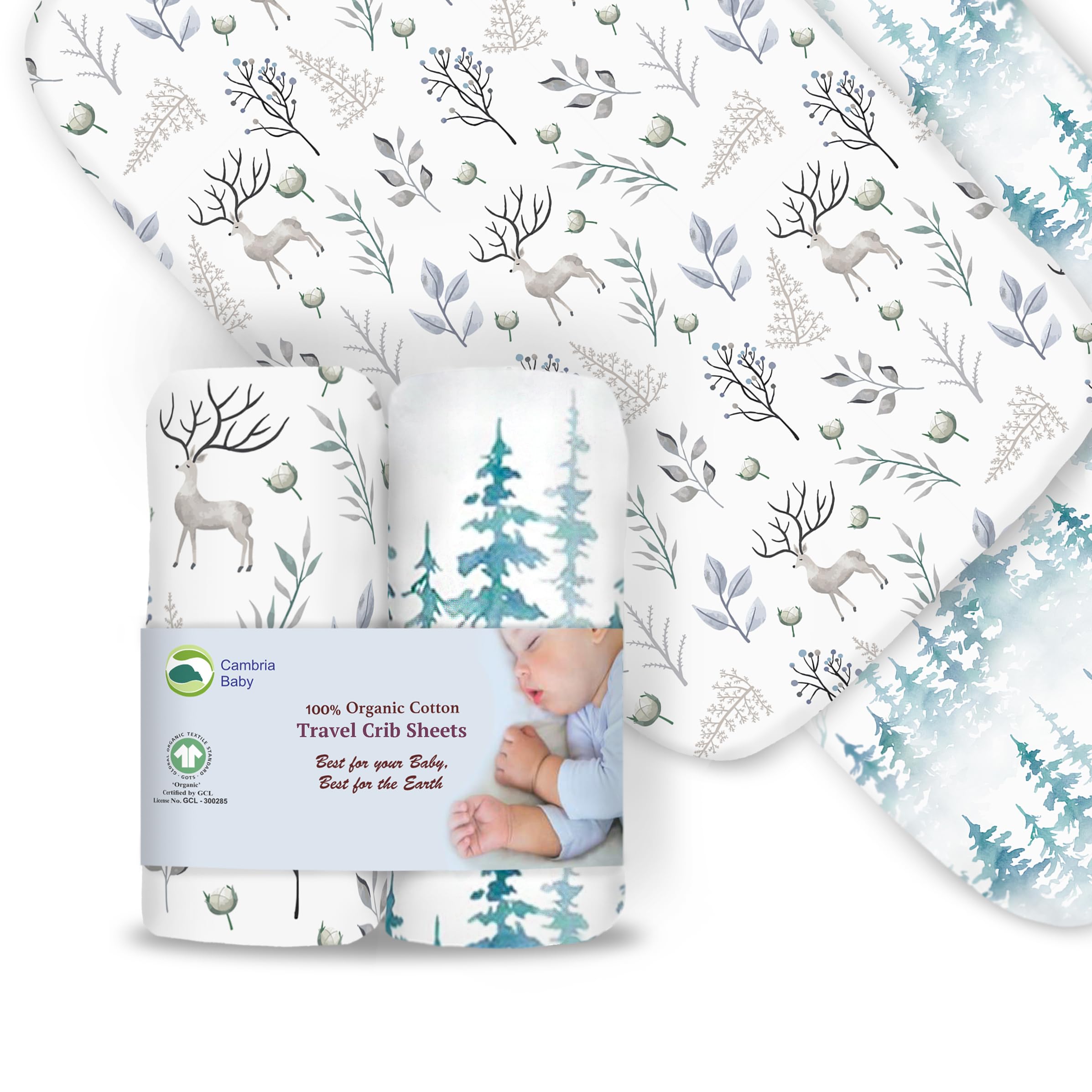 100% Organic Cotton Fitted Travel Crib Sheets Compatible with Guava Lotus, BabyBjorn, Dream on Me, Baby Joy and All Other 22-26" x 40-44" Pads. Strap