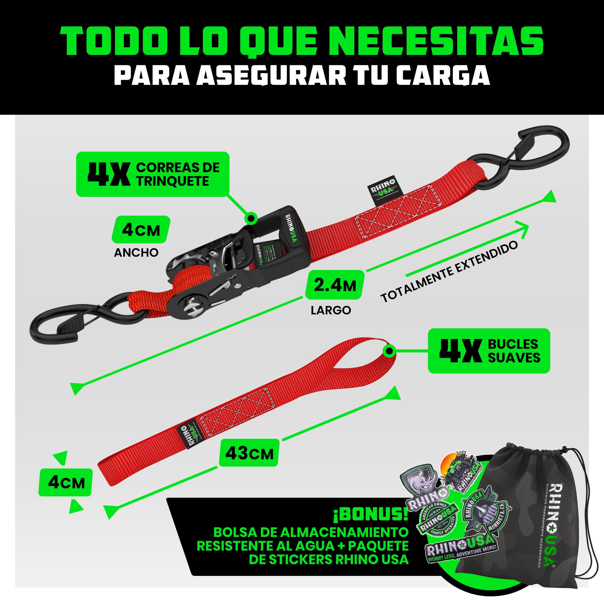 Kit de Correas de Trinquete Rhino USA Heavy Duty (Paquete de 4) - 4 cm x 2.4 m (2,000 kg de Resistencia de Rotura) - Correas de Amarre con Ganchos en S de Seguridad para ATV, UTV, Carga y Más - Rojo