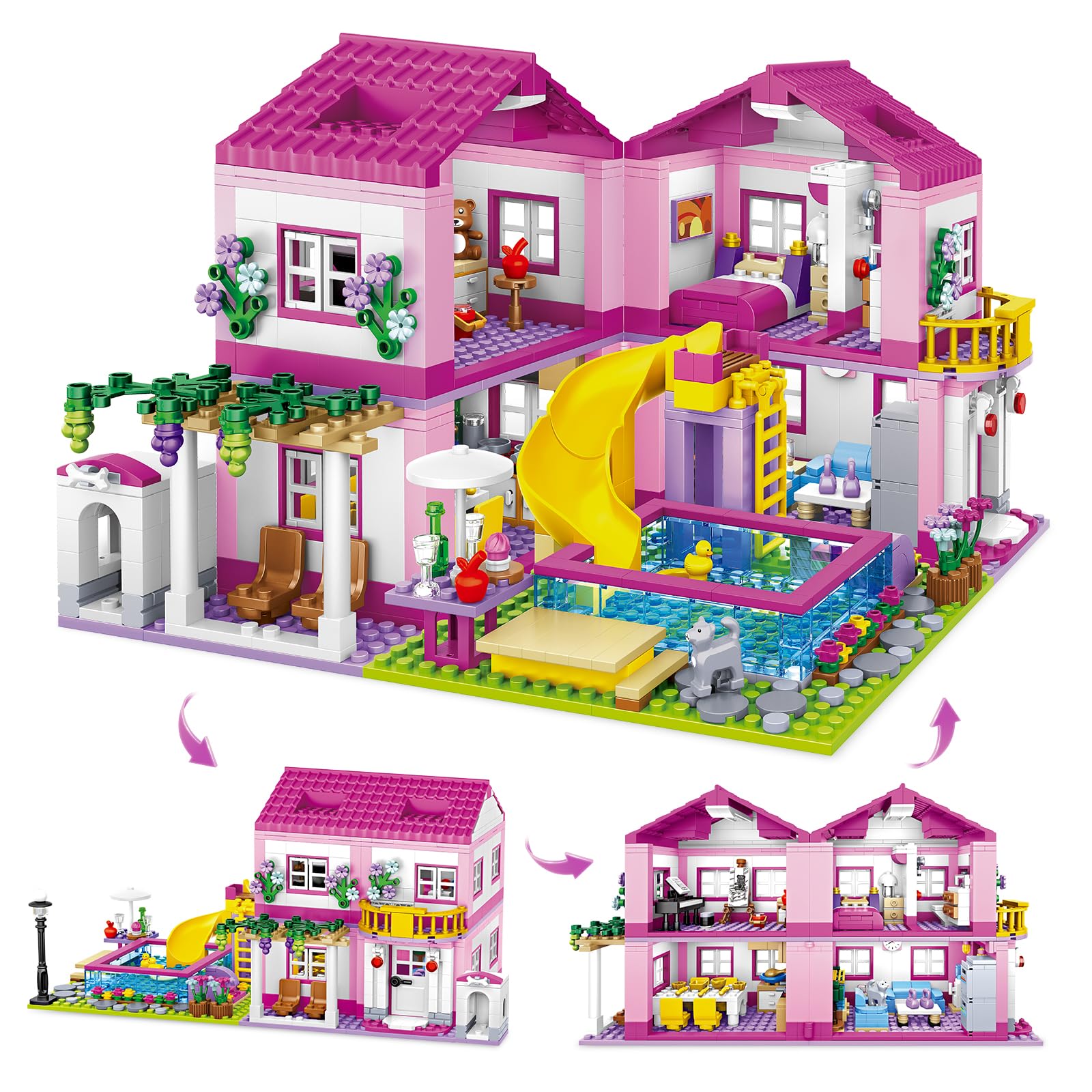 3-in-1 Holiday Villa Dream House Building Sets, 1018 PCS Building Block Set, Construction Building Toys for Age 14+, Christmas Birthday Gifts for & Friends, Compatible with Lego
