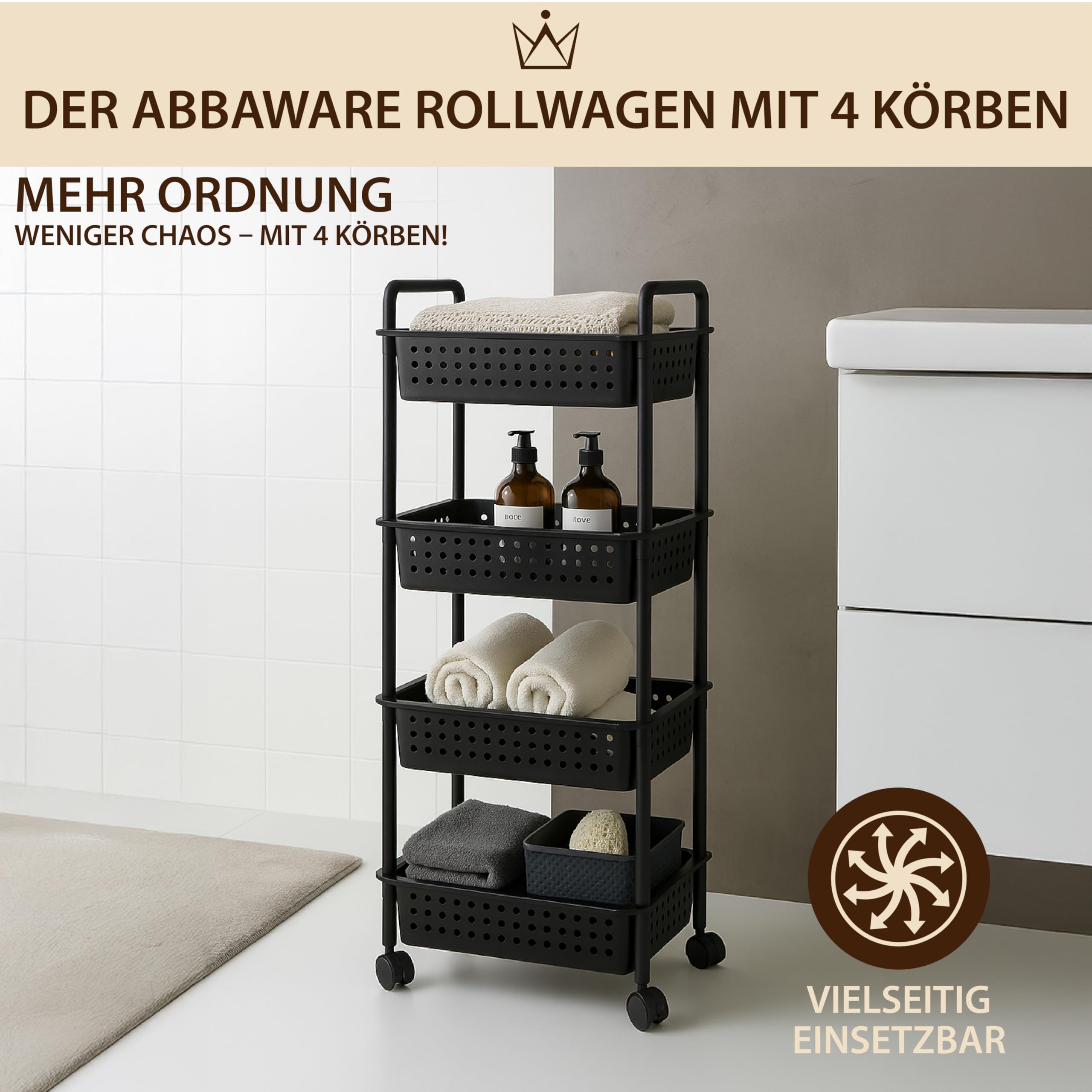 ABBAware Rollwagen mit 4 Körben, 40 x 30 x 100 cm Kunststoff Schwarz - Ablagefachwagen/Aufbewahrungswagen mit Rollen für Küche, Bad, Wohnzimmer