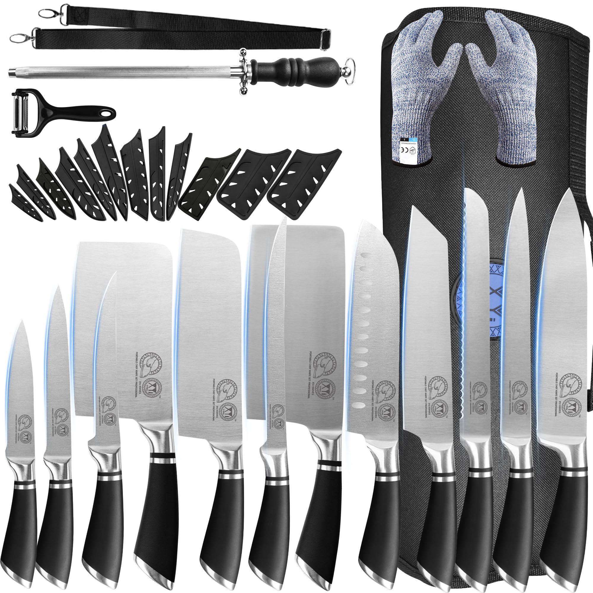 XYJ Professional Knife Set per Maestri Chef, 12-pcs Chef Knife Set con Sacchetto, Fodero, Culinary Kitchen Macellaio Coltelli, Cottura Taglio, Santoku, Utility, Frutta, Acciaio Inox