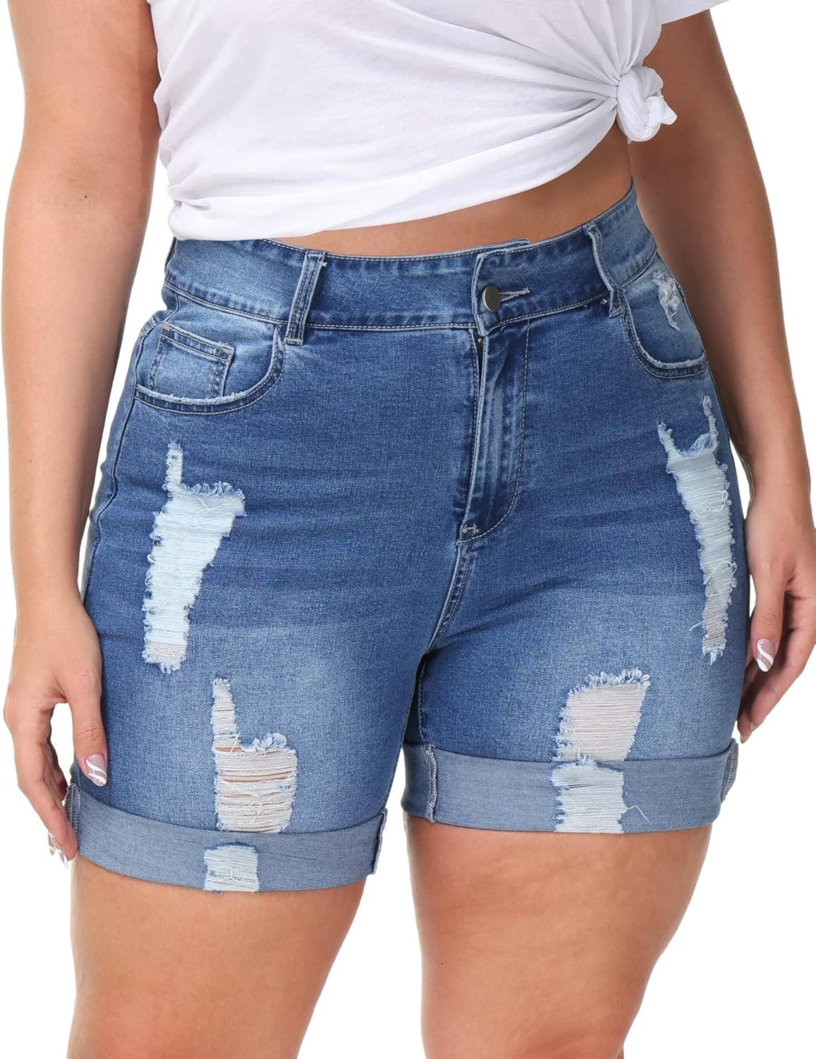 Gocolloa Womens Plus Size Jean Shorts Stretchy High Waisted Distressed Fold Hem Denim Shorts