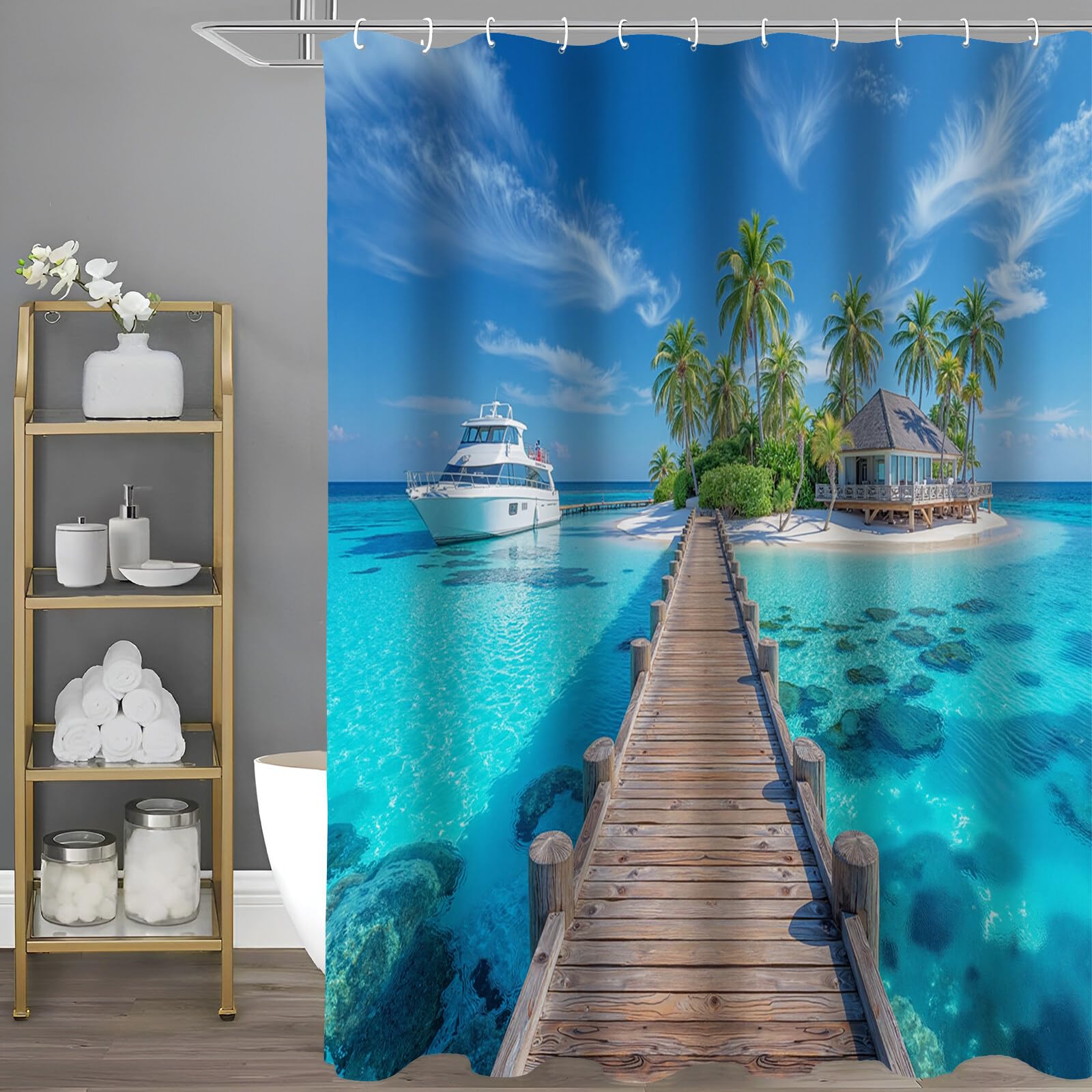 Rideau Douche,Rideau Baignoire Lavable en Machine Rideaux Douche Tissus Lavable Rideau De Baignoire Lavable pour Salle De Bain Domicile Baignoire Famille,Pier Island,