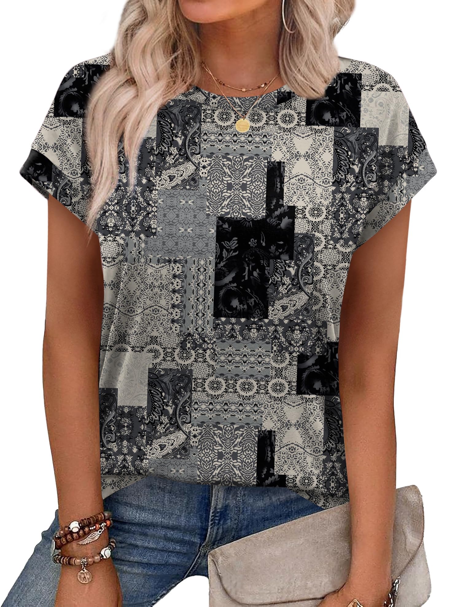 Aokosor Womens Summer Tops Floral Printed Short Capsleeve Shirts Crew Neck Cute Fashion Dressy Tunic Blouses for UK — view 24