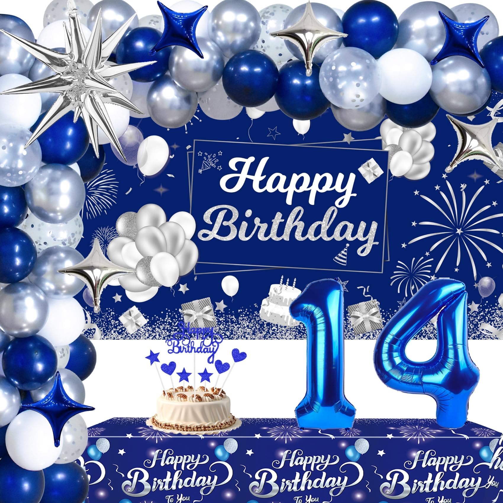 Blue 14th Birthday Decorations for Boys Girls, 14th Silver and Navy Blue Birthday Decorations for Him Her with Happy Birthday Backdrop Banner