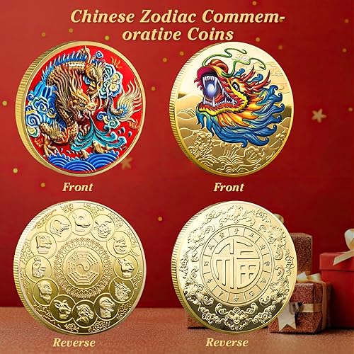 Miniatura 6 de 5 monedas chinas de la suerte de dragón chino y fénix, monedas del zodiaco chino, antiguas criaturas míticas chinas, dijes de la suerte, monedas de