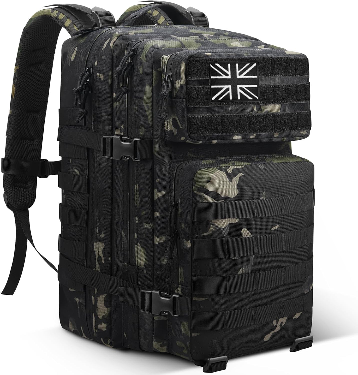 Panavage | Military Tactical Backpack 45L | Waterproof Rucksack with MOLLE, Laptop Compartment | 3-Day Assault Pack for Hiking, Camping, Hunting | Unisex (Black Camo)