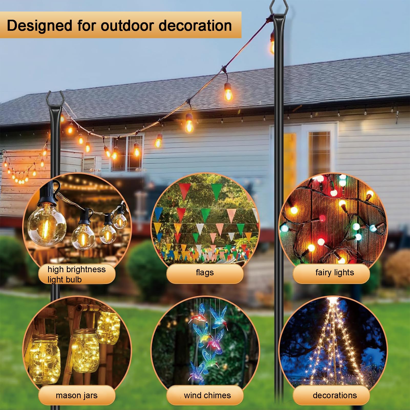 Confezione da 4 pali luminosi a corda, 3 m, in metallo con forcella, per luci esterne, resistenti alle intemperie, per feste, cortile, esterni, patio, giardino, terrazza, matrimoni (confezione da 4)