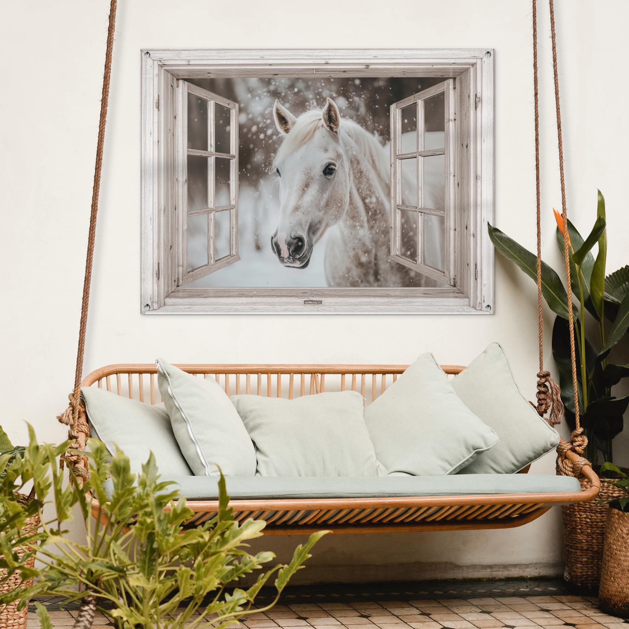 MuchoWow© Póster De Jardín Terraza Exterior Accesorios Jardin Decoracion | 120x90 cm - Pared Decorativa Balcon Wall Decoration Posters Decorativos Caballo - Blanco - Invierno - Nieve - Transparente