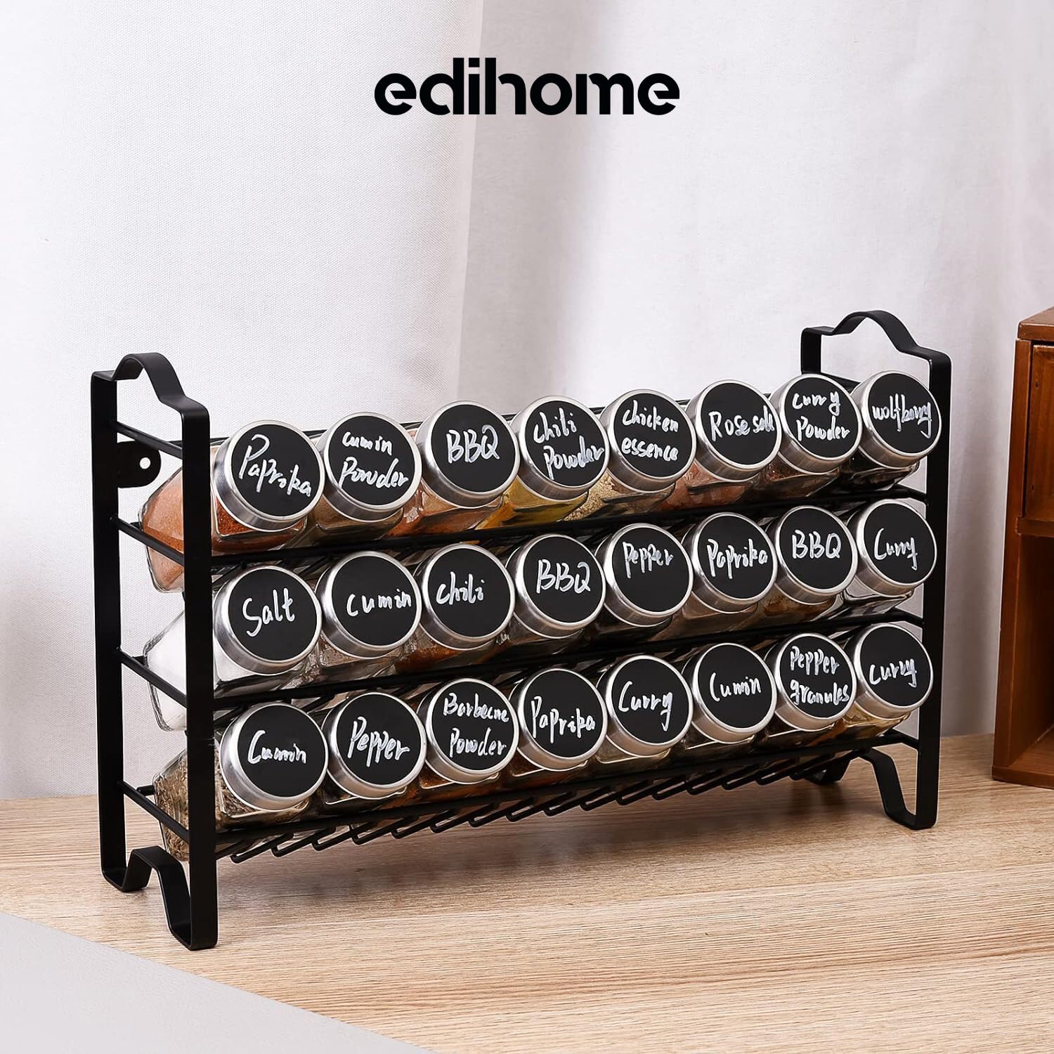 edihome, 24 stuks kruidenpotjes voor de keuken, met metalen frame met 3 niveaus, etiketten, deksels en individuele maatbekers (model 2