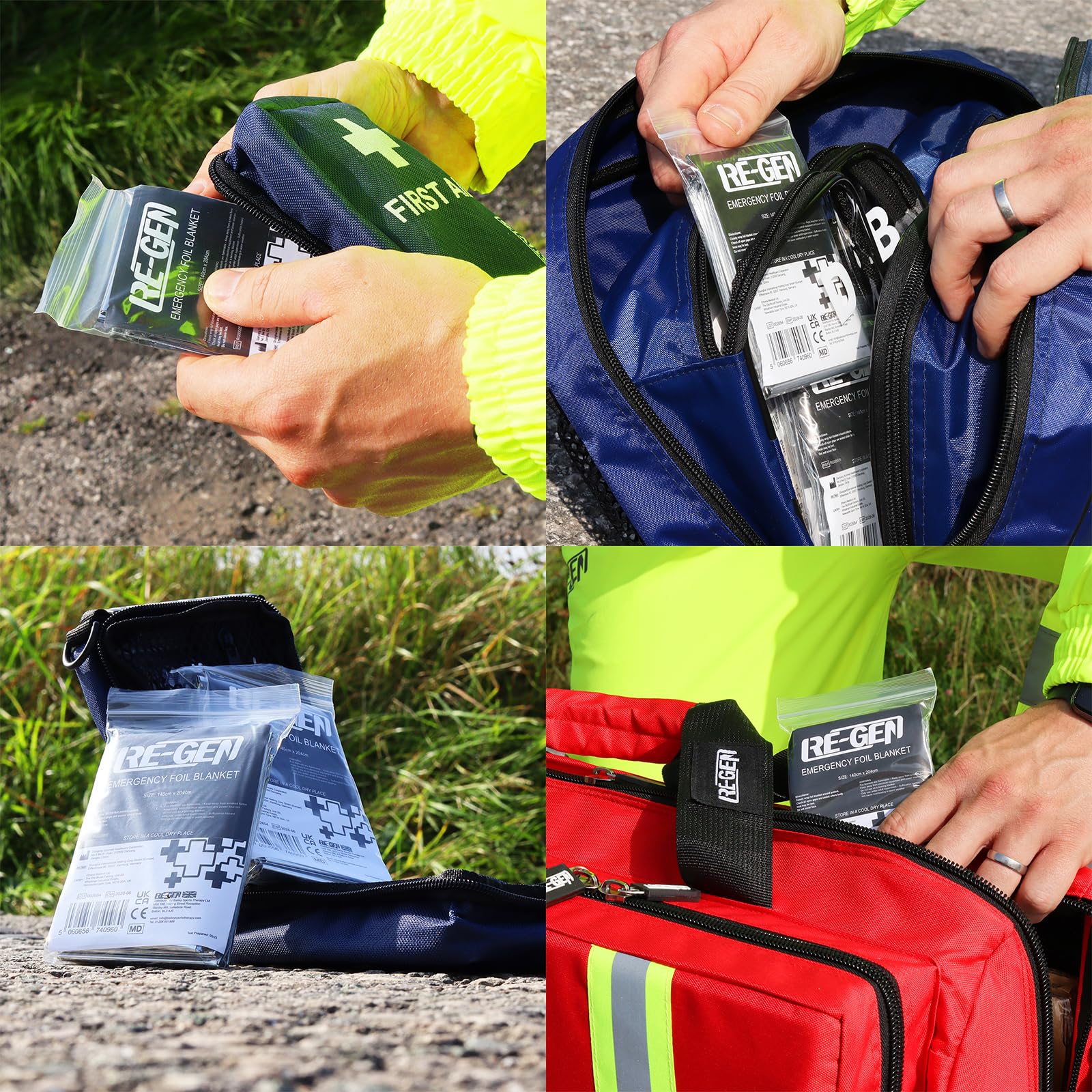 RE-GEN Paquete de 4 mantas térmicas de emergencia para viajes, camping, primeros auxilios, deportes médicos y atletismo