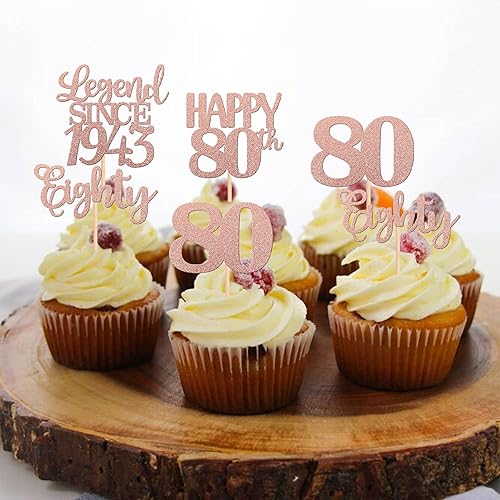 Miniatura 4 de 24 piezas Legend Since 1943 adornos para magdalenas con purpurina para cumpleaños número 80, decoraciones para pasteles de cumpleaños n. 80,