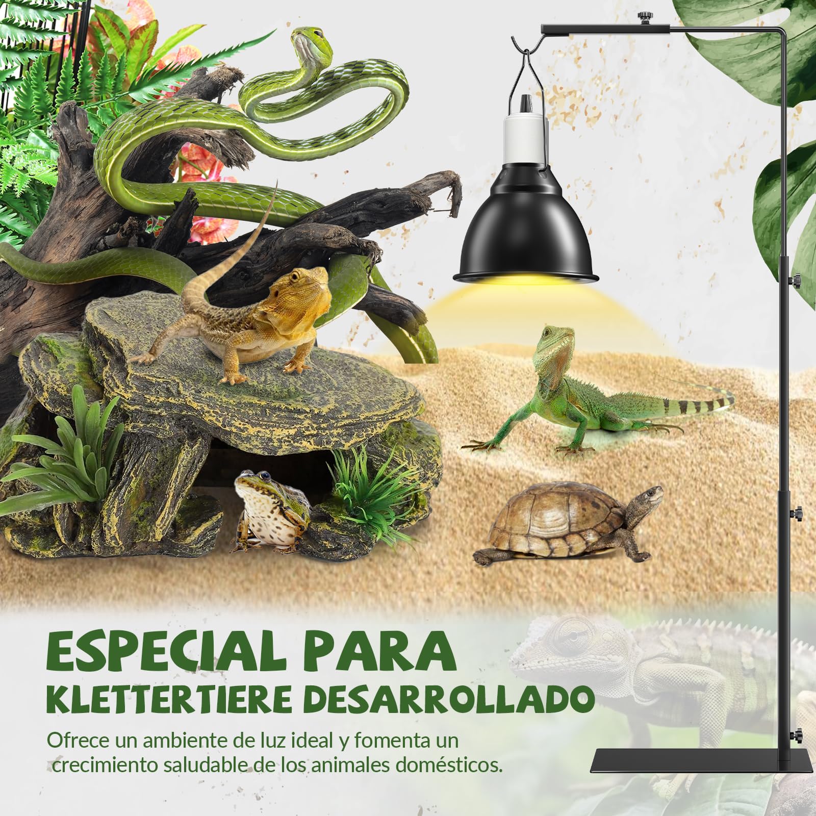 GlowUp 40 – 93 cm Reptiles Soporte para lámpara de reptiles ajustable, altura regulable, soporte para lámpara de reptiles con base de terrario, soporte de luz para tortugas arañas (sin lámparas)