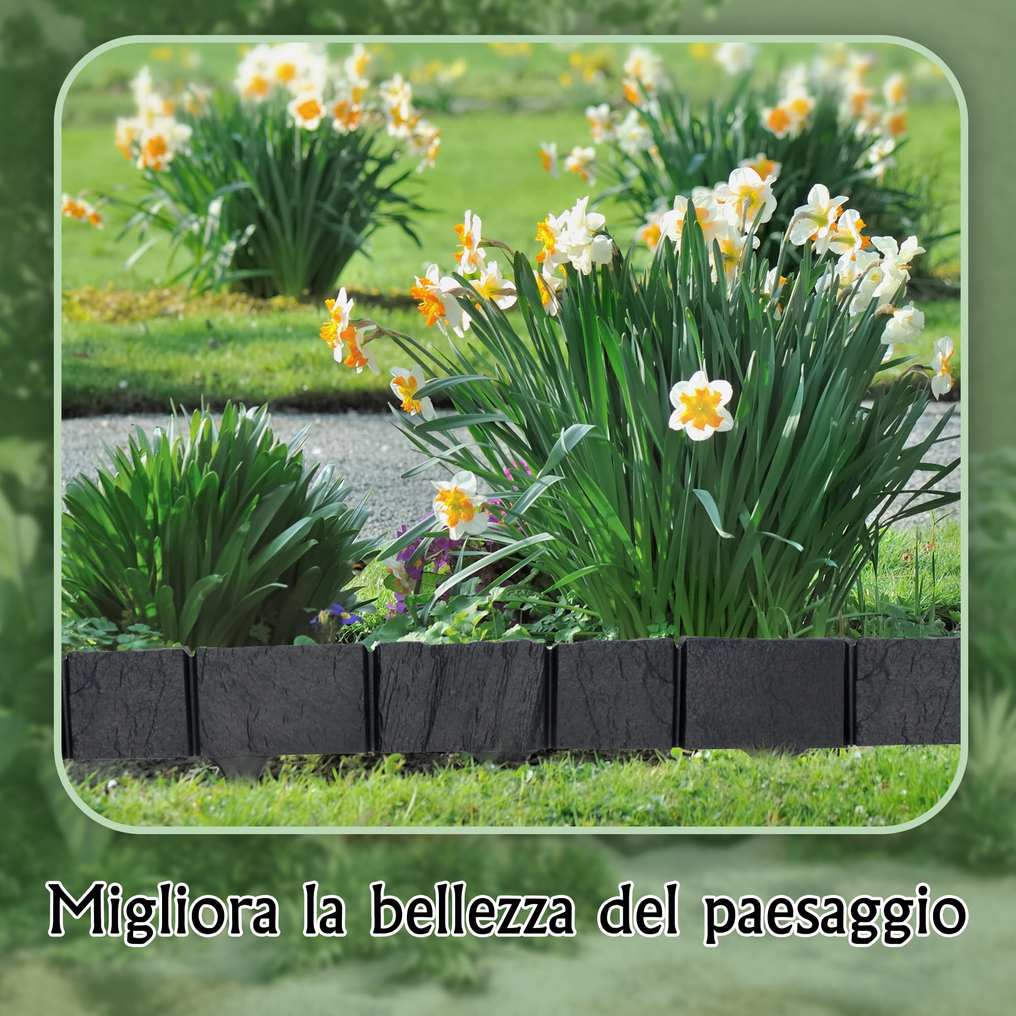 GARDENIX Bordo per aiuole in plastica, effetto pietra, 3,9 m, bordo per aiuole antracite, 5 moduli, resistente ai raggi UV, palizzata da giardino, uso versatile