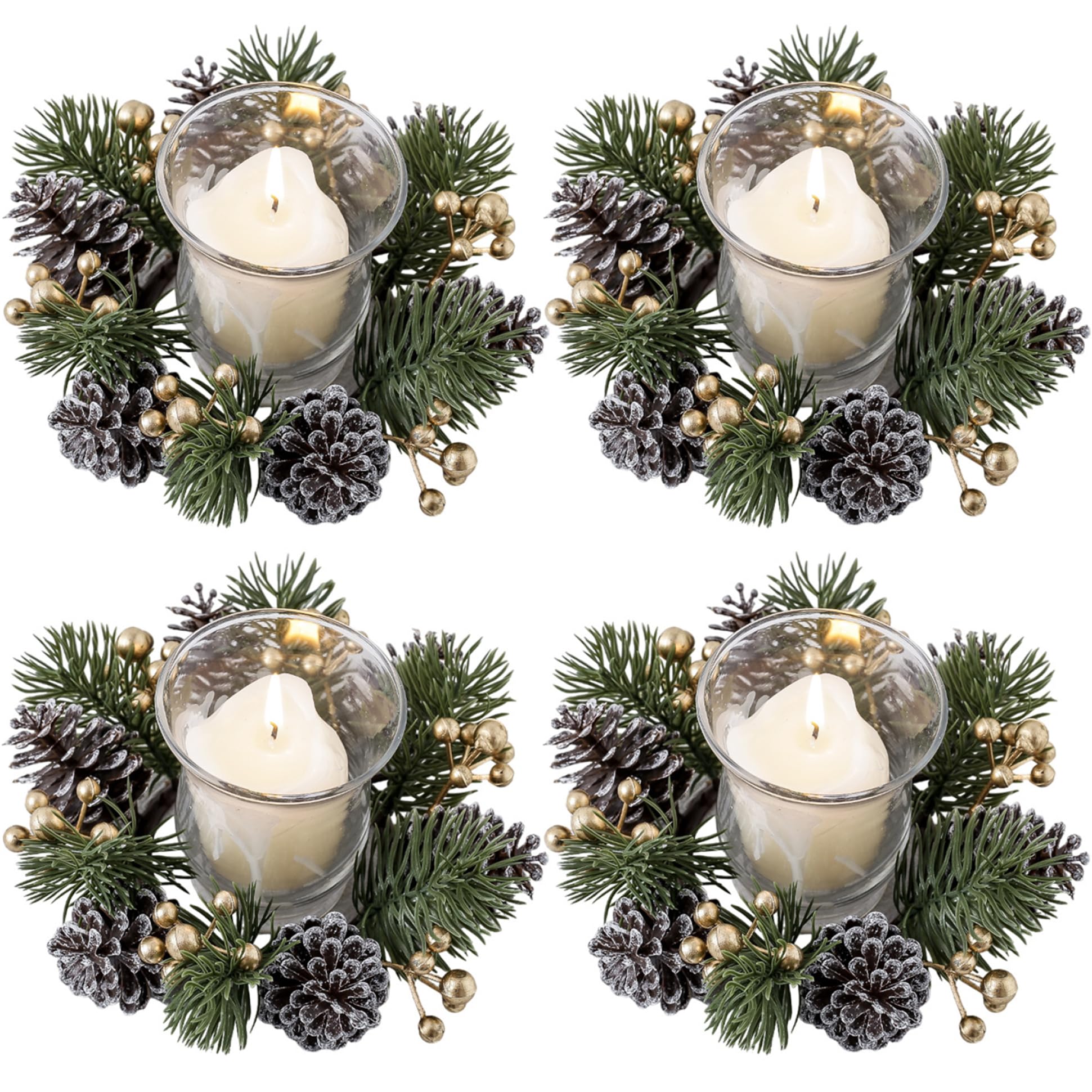 Azidweryq Golden 4Pcs Christmas Candle Rings, Pine Needles Candle Rings Wreaths With Berries & Cone, 7.9" Mini Plastic Wreath For Pillars Wedding Table Centerpiece Decor, Gold Wreaths