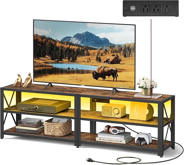 VASAGLE TV Stand with Power Outlets and LED Lights, for TVs up to 65 Inches, Entertainment Center with Open Storage Shelves, TV Console Table for Living Room, Rustic Brown and Ink Black ULTV