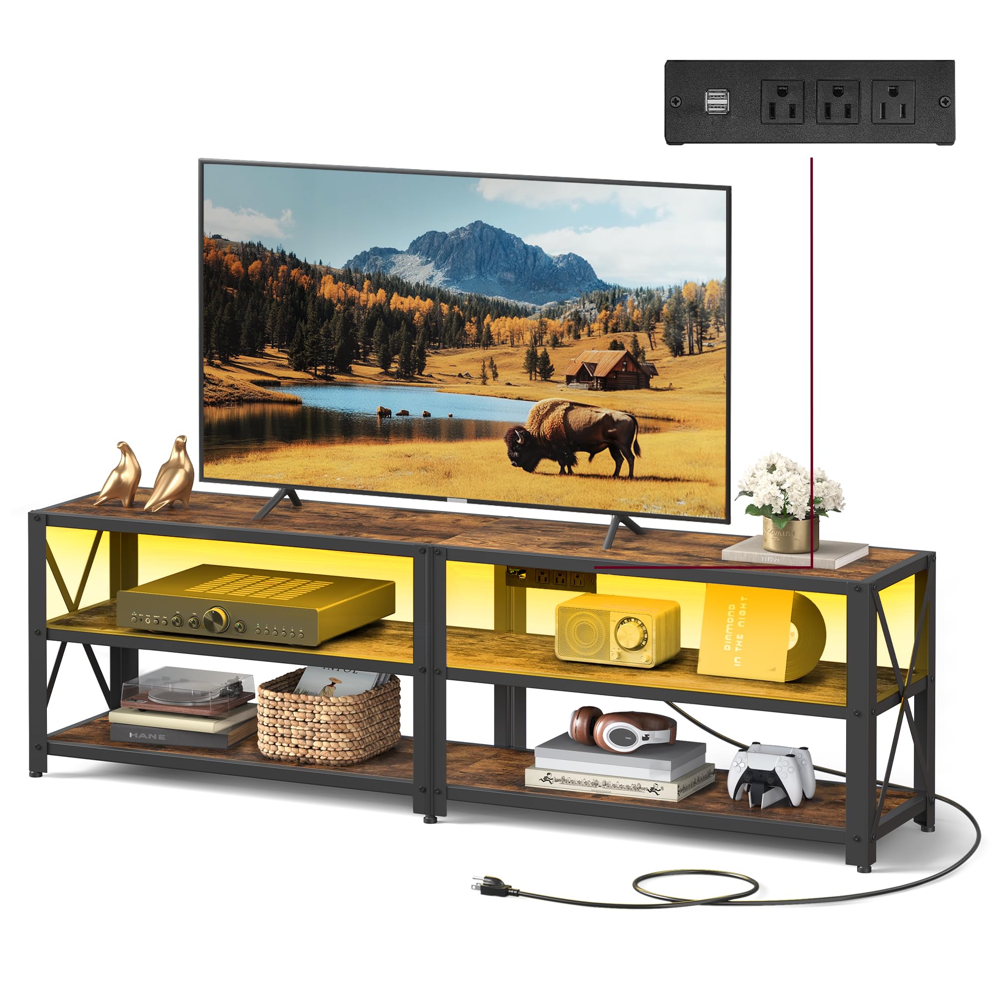 VASAGLE TV Stand with Power Outlets and LED Lights, for TVs up to 65 Inches, Entertainment Center with Open Storage Shelves, TV Console Table for Living Room, Rustic Brown and Ink Black ULTV