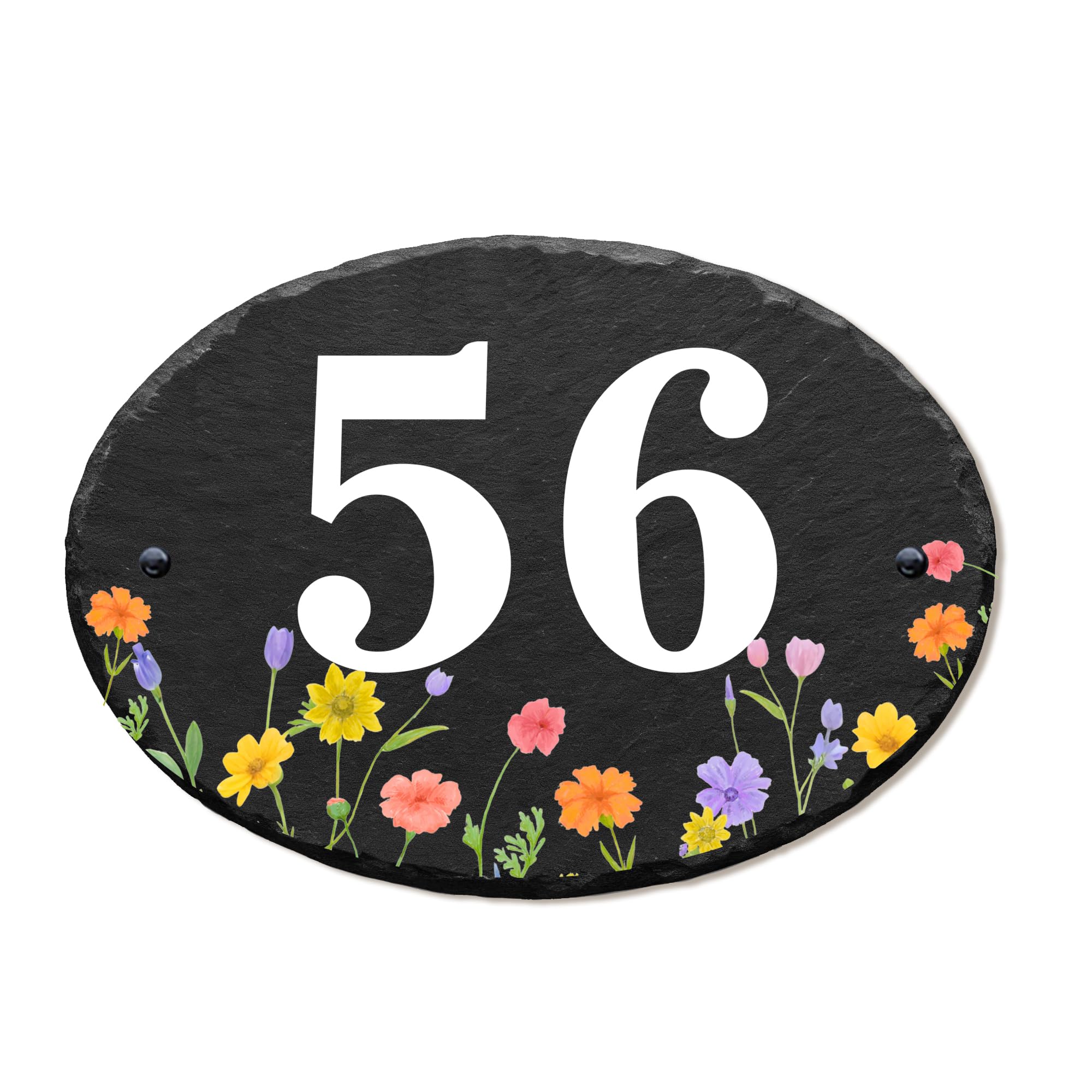 EDSG Personalised Slate House Signs for Outside, UV Printed Door Number Plaques for Wall, House Number Plaques Yard Garden Signs, Welcome House Sign Home Decor, with Wall Fixings (Oval - 27x19cm)