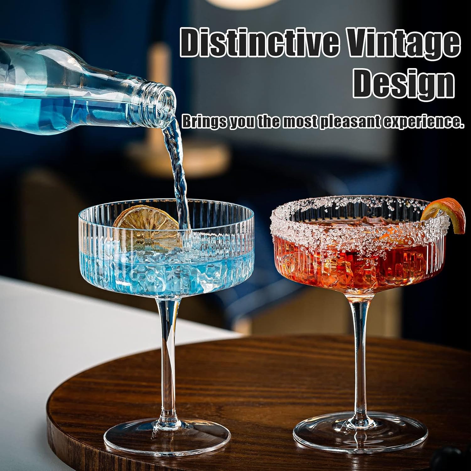 Vintage Art Deco Coupe Glasses, Set of 6 Ribbed Coupe Cocktail Glasses, 10 oz Classic Martini Glasses, Elegant Hand Blown Manhattan Goblet for Bar, Martini, Cosmopolitan, Gimlet, Pisco Sour