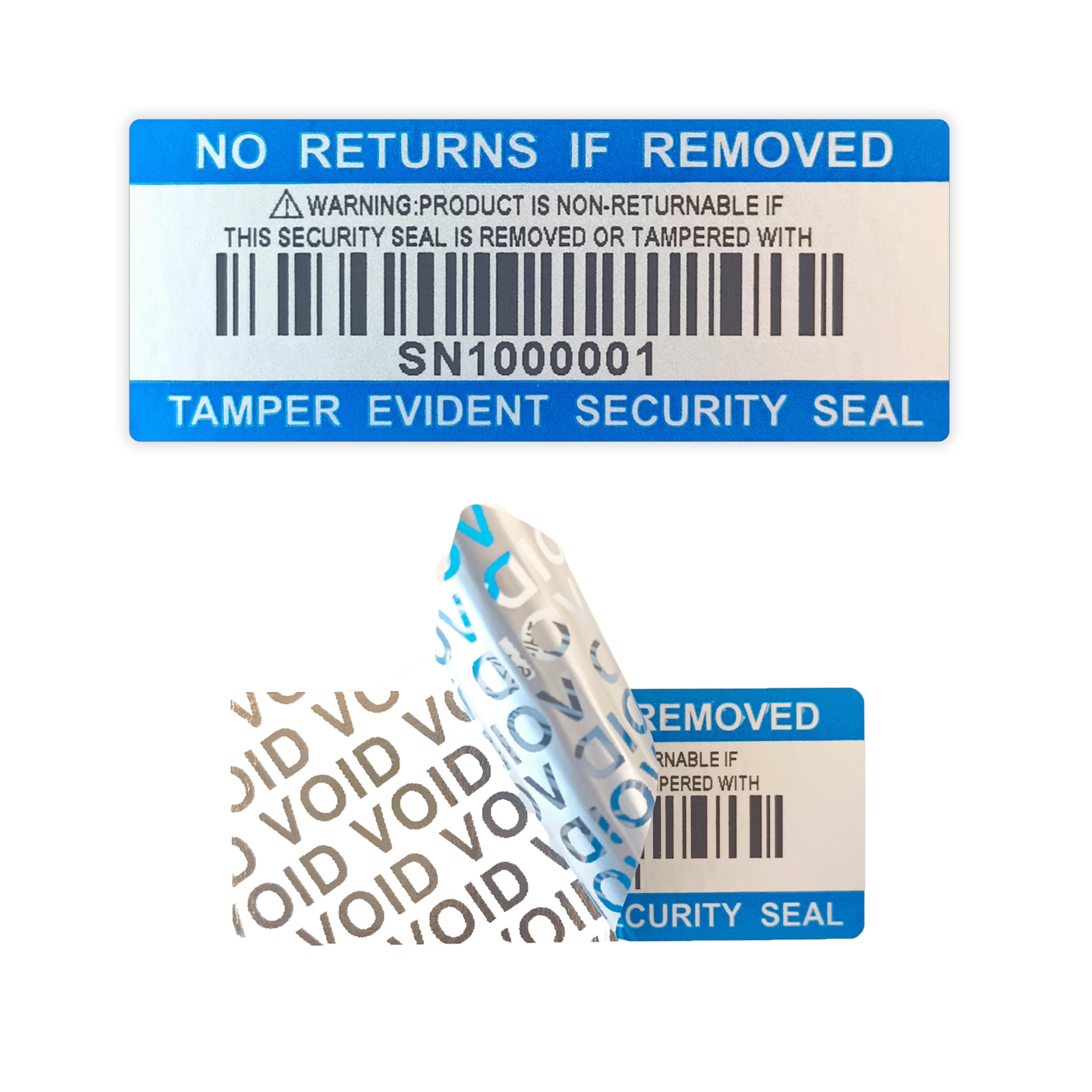 250 Stück manipulationssichere Barcode-Aufkleber, Sicherheitsetikett, Garantie-Void Aufkleber mit individueller Seriennummer, Siegeletikett für Pakete (5,1 x 2 cm, blau)
