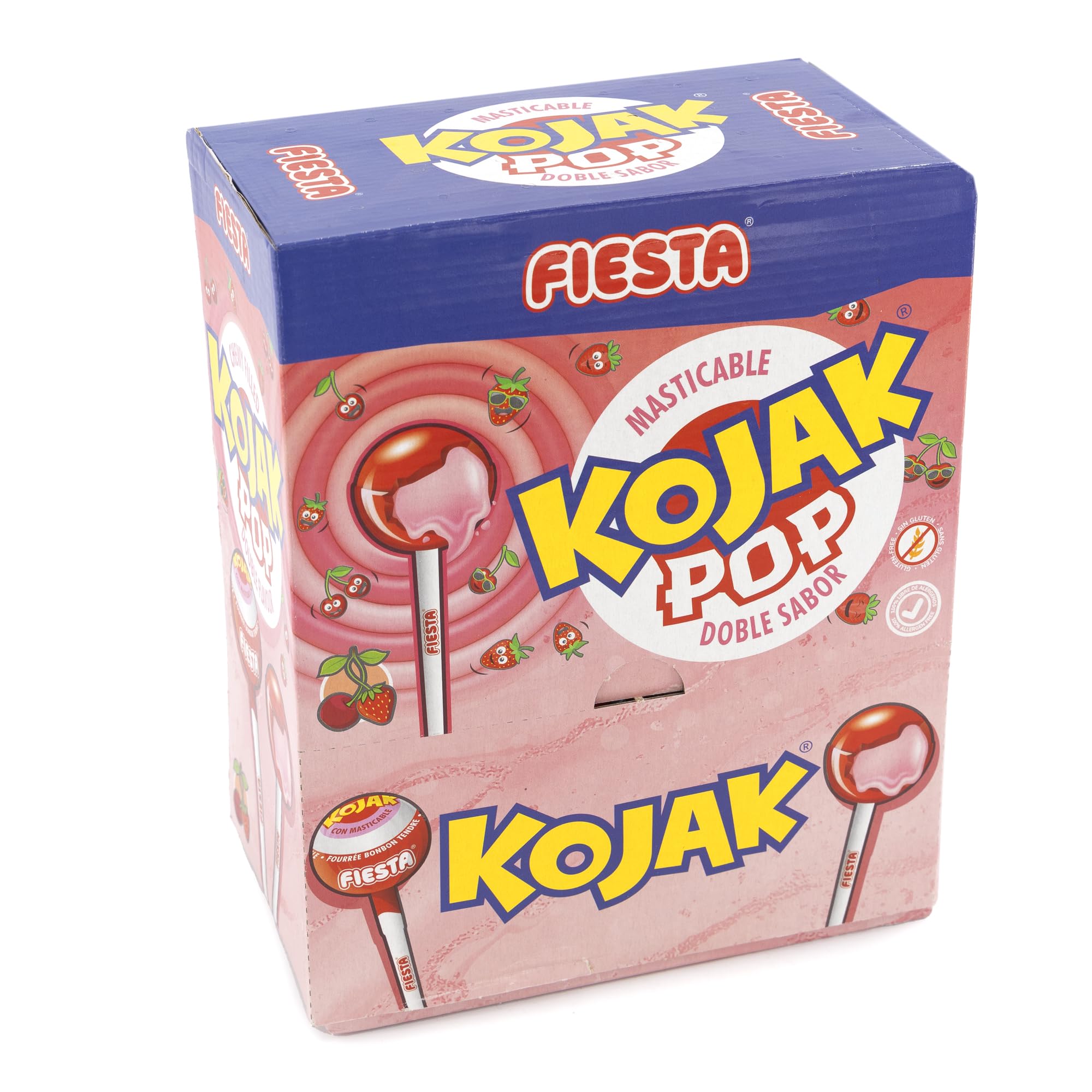 FIESTA Kojak Lolipop Caramelo con Palo Sabor Cereza Relleno de Masticable de Fresa - Caja de 100 unidades