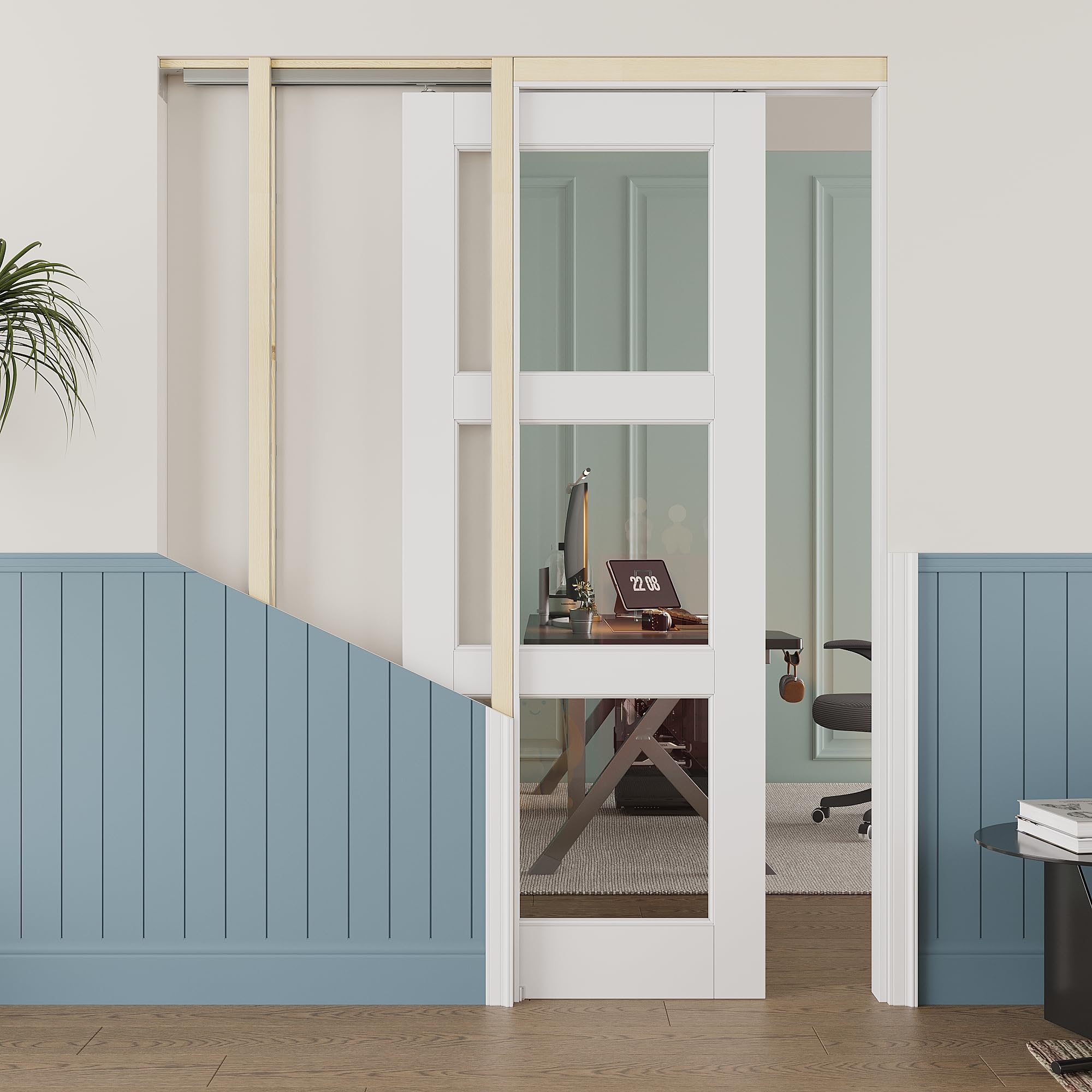 30x80 Sliding Door,Pocket Door,3 Lite Clear Glass Doors,Murphy Hidden Doors