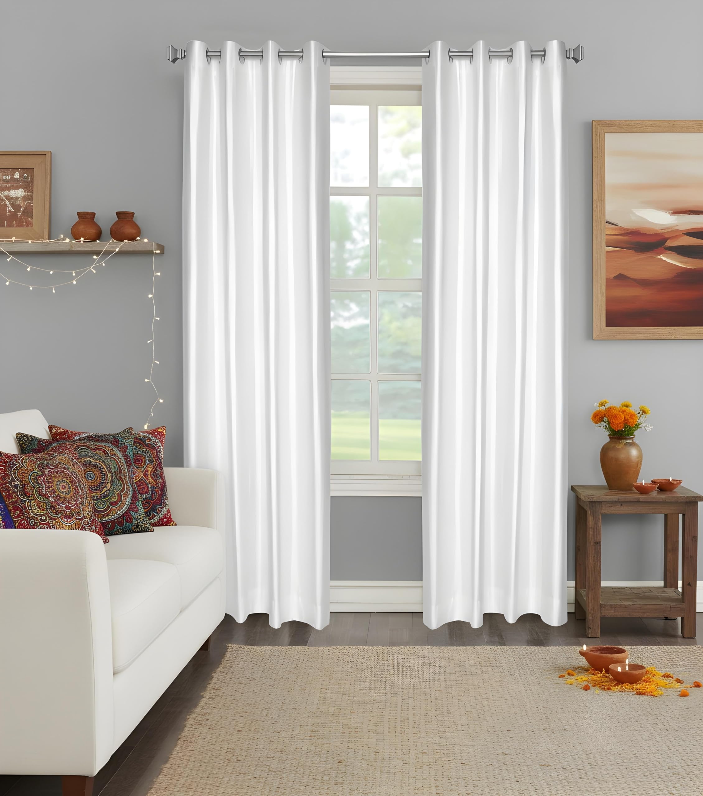 White Polyester Door Curtains 7 Feet | Darkening Faux Texture Plain Drapes with Eyelets | Set of 2 Panels for Living Room, Bedroom & Office