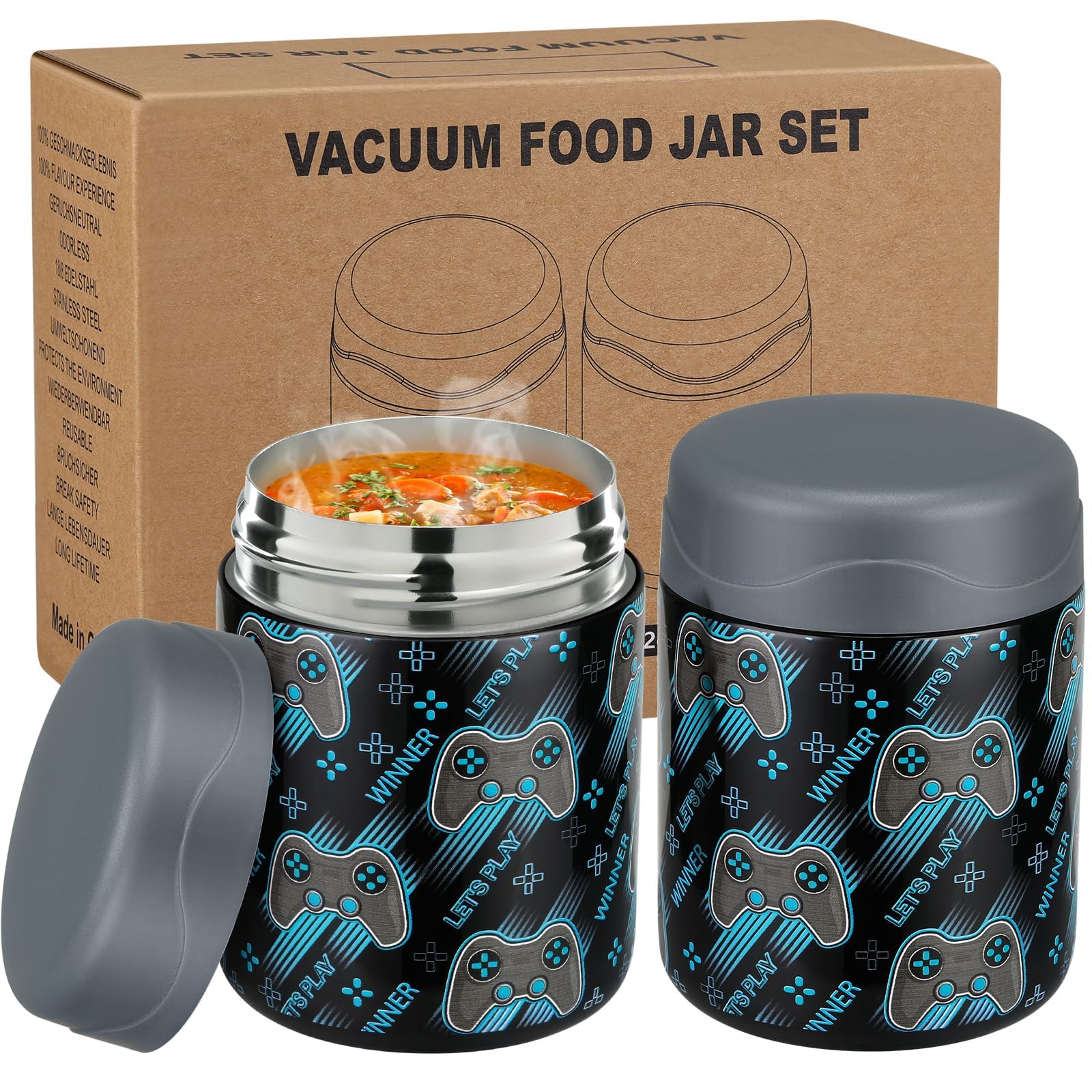 wiwens 12oz 2 Pack Insulated Food Jar Set for Kids Soup Thermo Hot Food Lunch Container Wide Mouth Leak Proof Stainless Steel Vacuum Bento Box for School Office Travel Outdoors