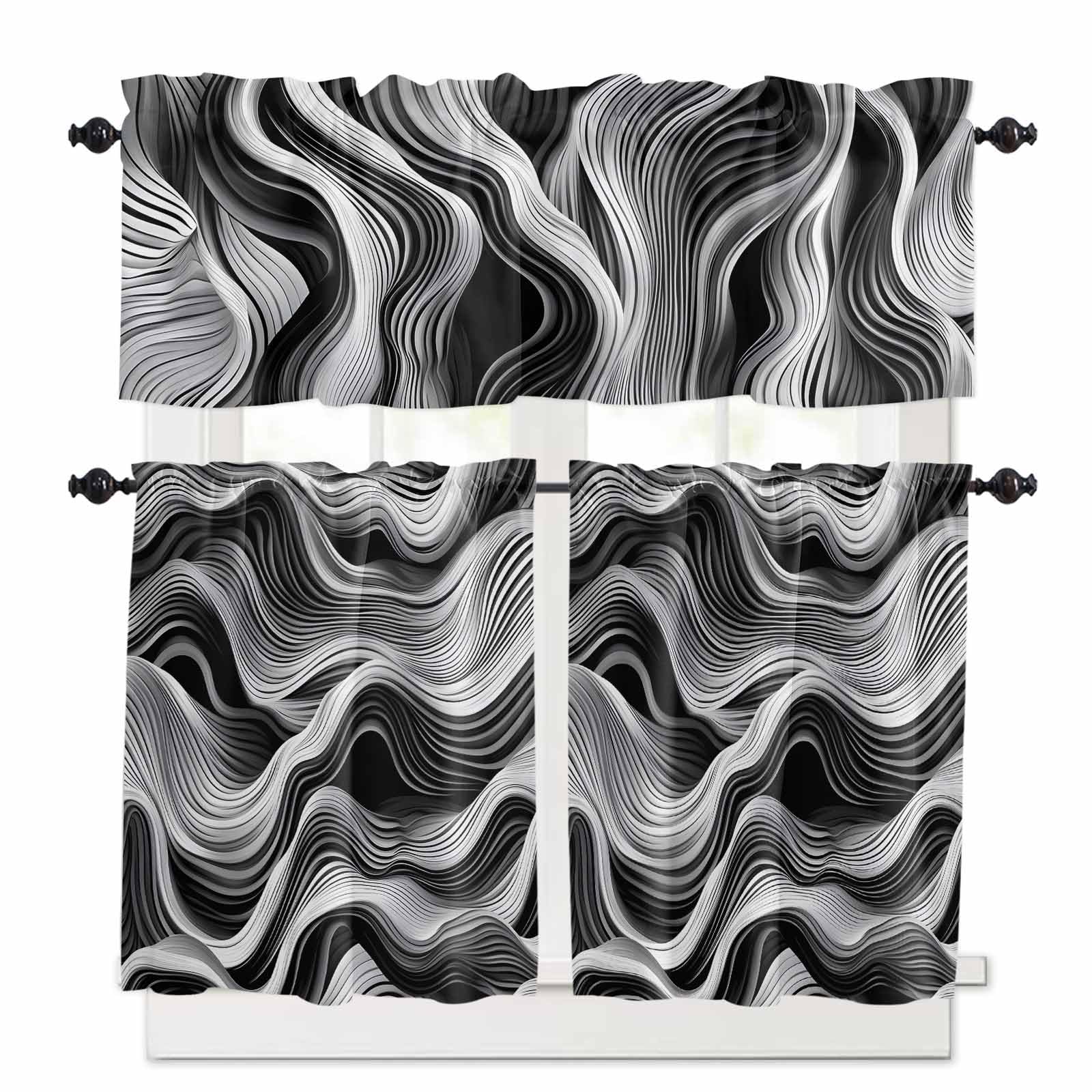 Abstract Waves Kitchen Curtains 36 Inch Length, 3 Piece Rod Pocket Small Half Tiers and Valance Set, Black Grey Modern Geometric Striped Small Large Window Treatment Decor for Bedroom/Bathroom Sink
