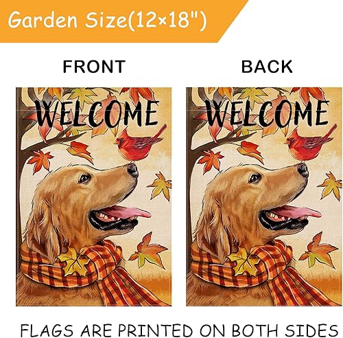 Miniatura 3 de Selmad Bandera decorativa de jardín con texto en inglés "Welcome Fall Golden Retriever", diseño de pájaro rojo con hojas de arce, para el hogar,