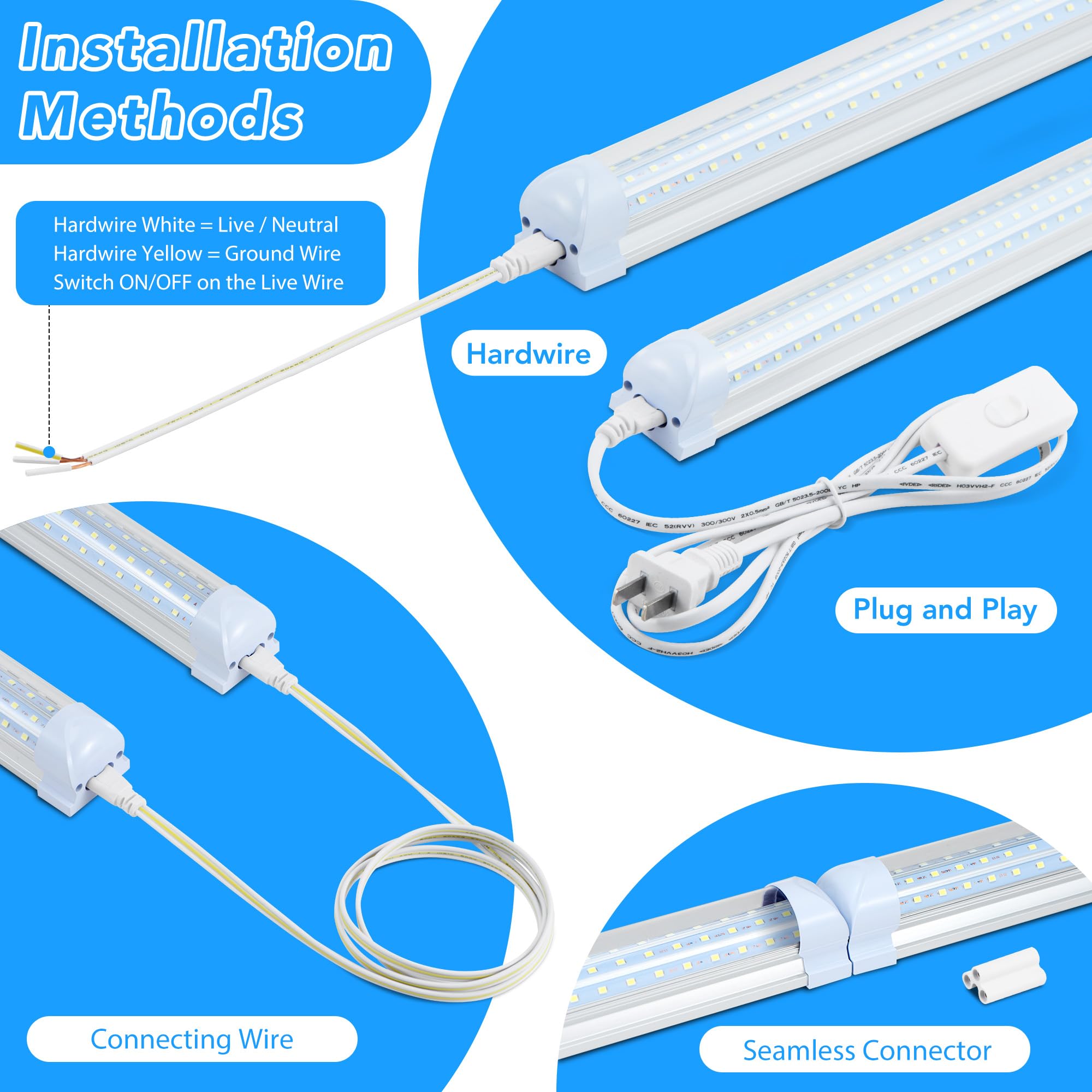 T8 LED Shop Lights 4FT Garage Light 6 Pack 60W 9600LM 6000K Daylight Work Lights Ceiling LED Linkable — view 3