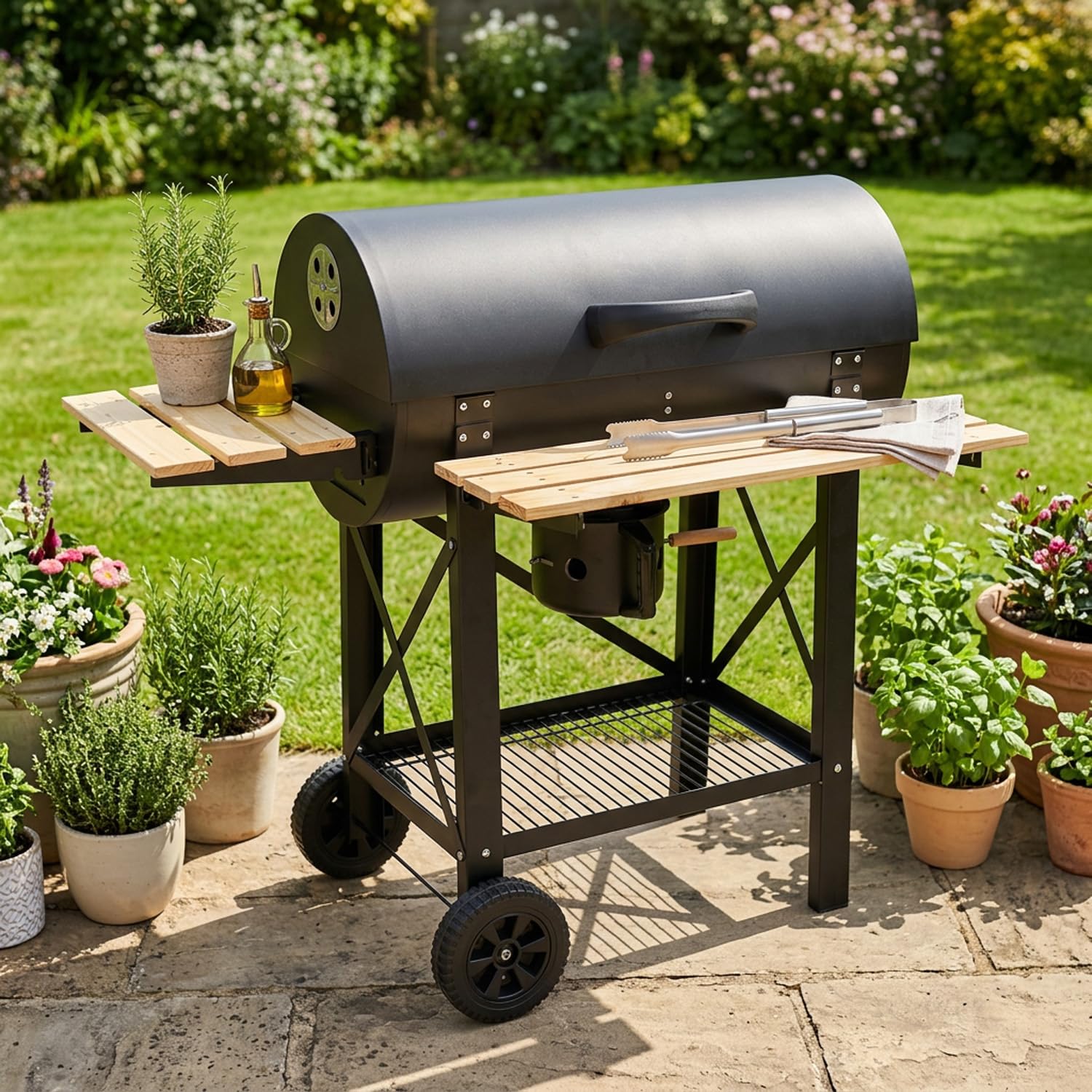 Barbecue A Carbone Con Coperchio E Ripiani Laterali BBQ Grill Da Giardino Con Griglia Rialzata Scaldavivande Struttura In Acciaio Ruote E Cassetto Raccogli Cenere 110 x 70.5 x 101.5 Cm Nero