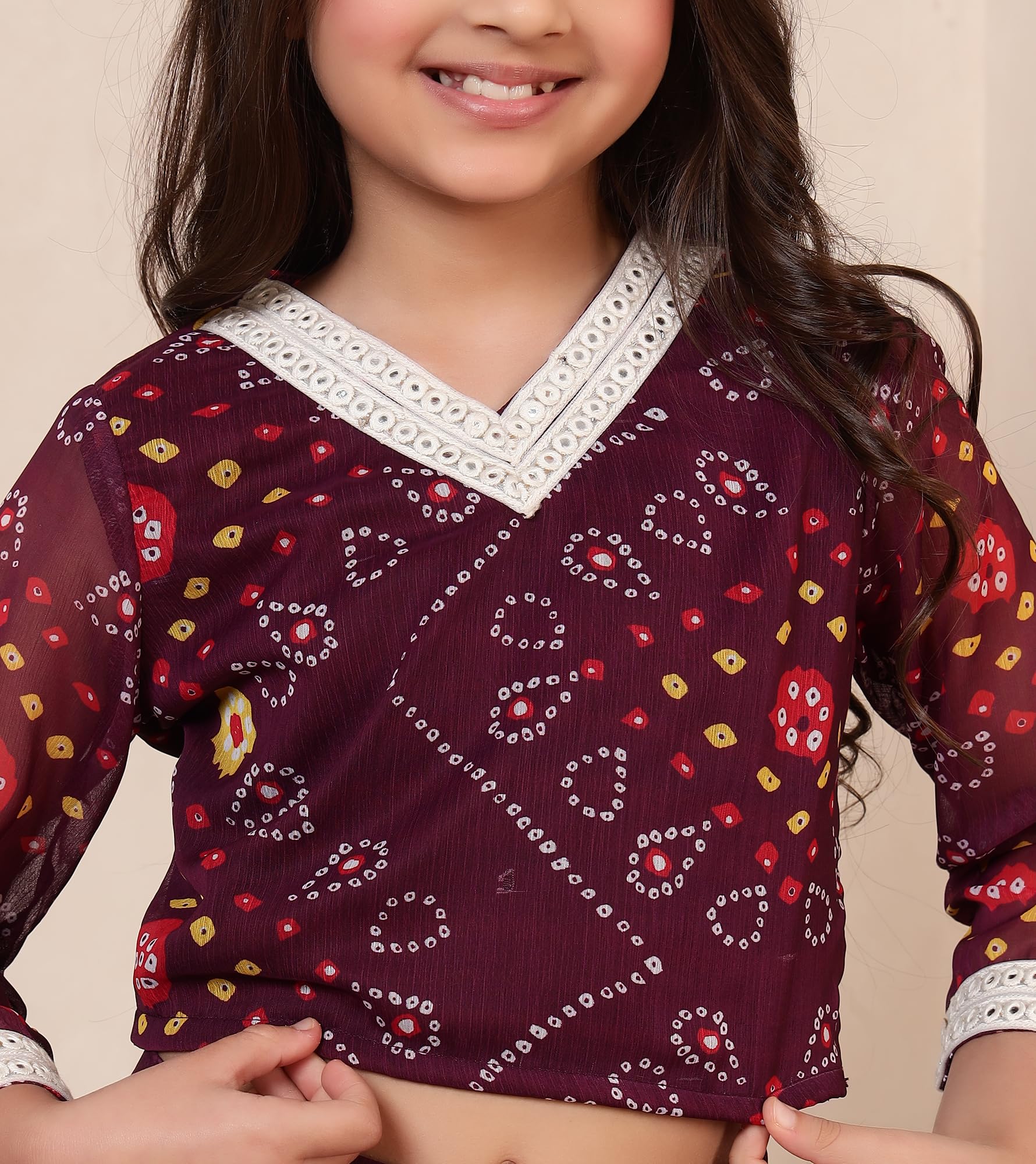 Bugandbees Bandhani Chiffon Top & Skirt With Dupatta|V Neck Full Sleeves Fusion Wear Flare d Co-Ord Set for 3 Years to 13 Years Kids|Festive Casual Wear Latest Collection (BBCO00000358_3-4Y_Wine) 1