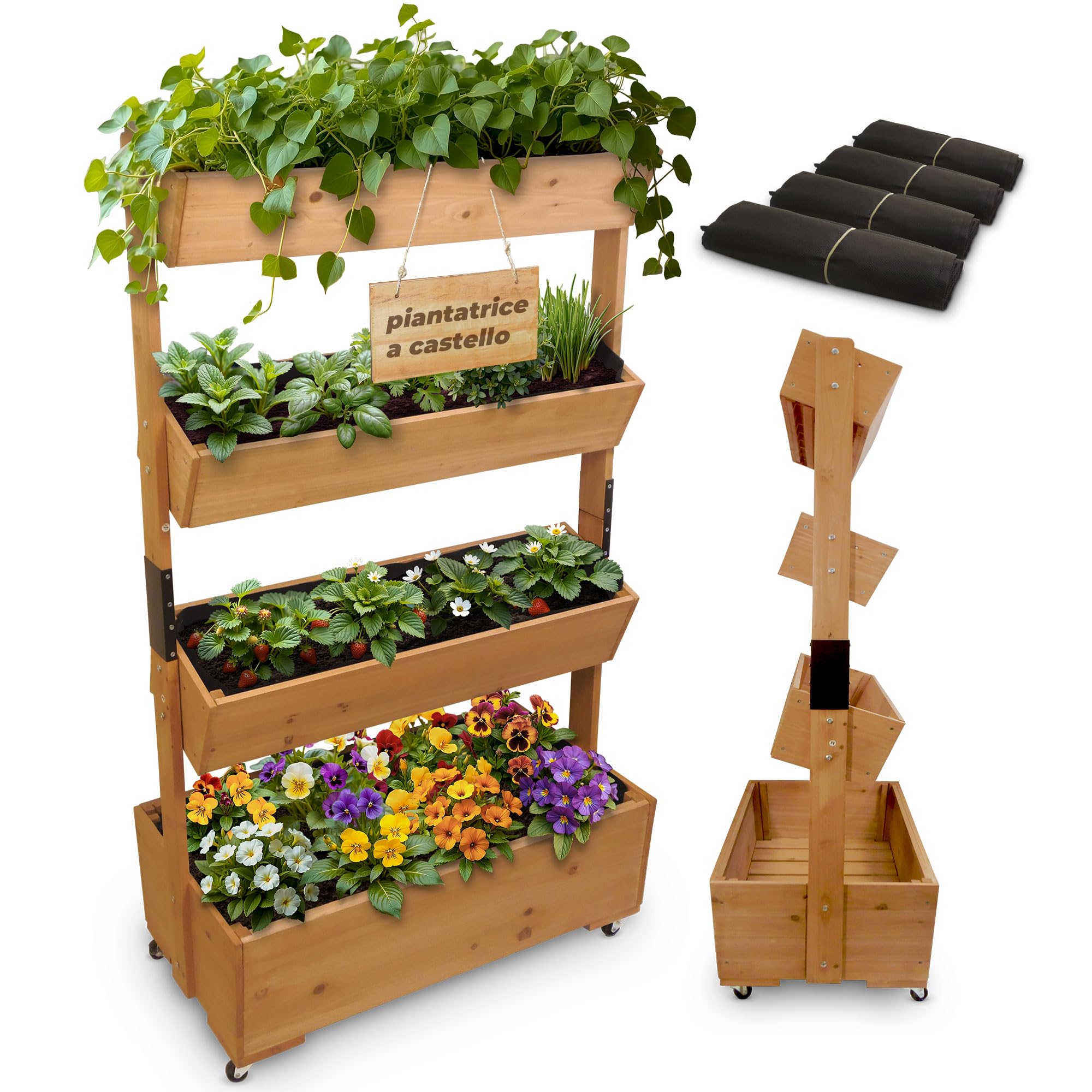 STREND PRO Balcone aiuola rialzata a 4 livelli LEGNO | 147x85x45 cm (AxLxP) | Aiuola verticale resistente alle intemperie Scala per piante da esterno | Aiuola per balcone per fiori, erbe aromatiche