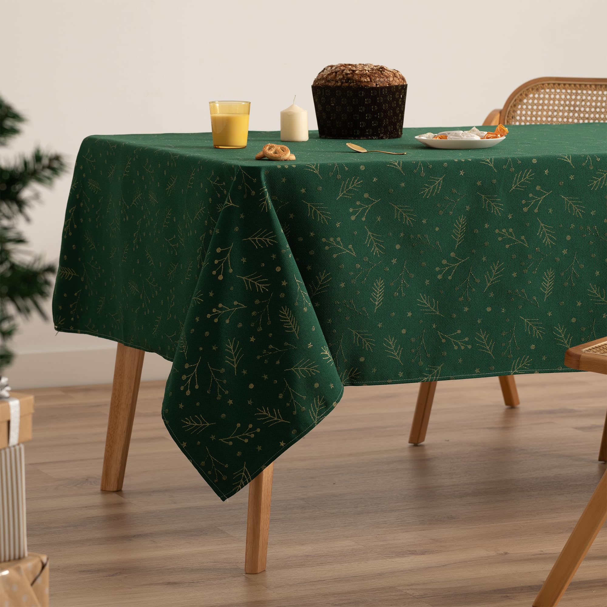 GAMUSI Mantel Navidad Jacquard Hilo Dorado Mesa Comedor Rectangular Decoración Navideña 140x100 cm Color Verde