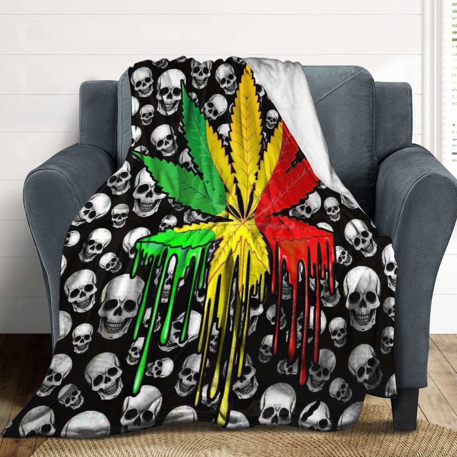 Rasta Weed Leaf Skull Throw Blanket for Couch Sofa Bed Throw Size, Soft Fuzzy Plush Blanket, Luxury Flannel Blanket, Super Cozy Comfy, 50"x60"